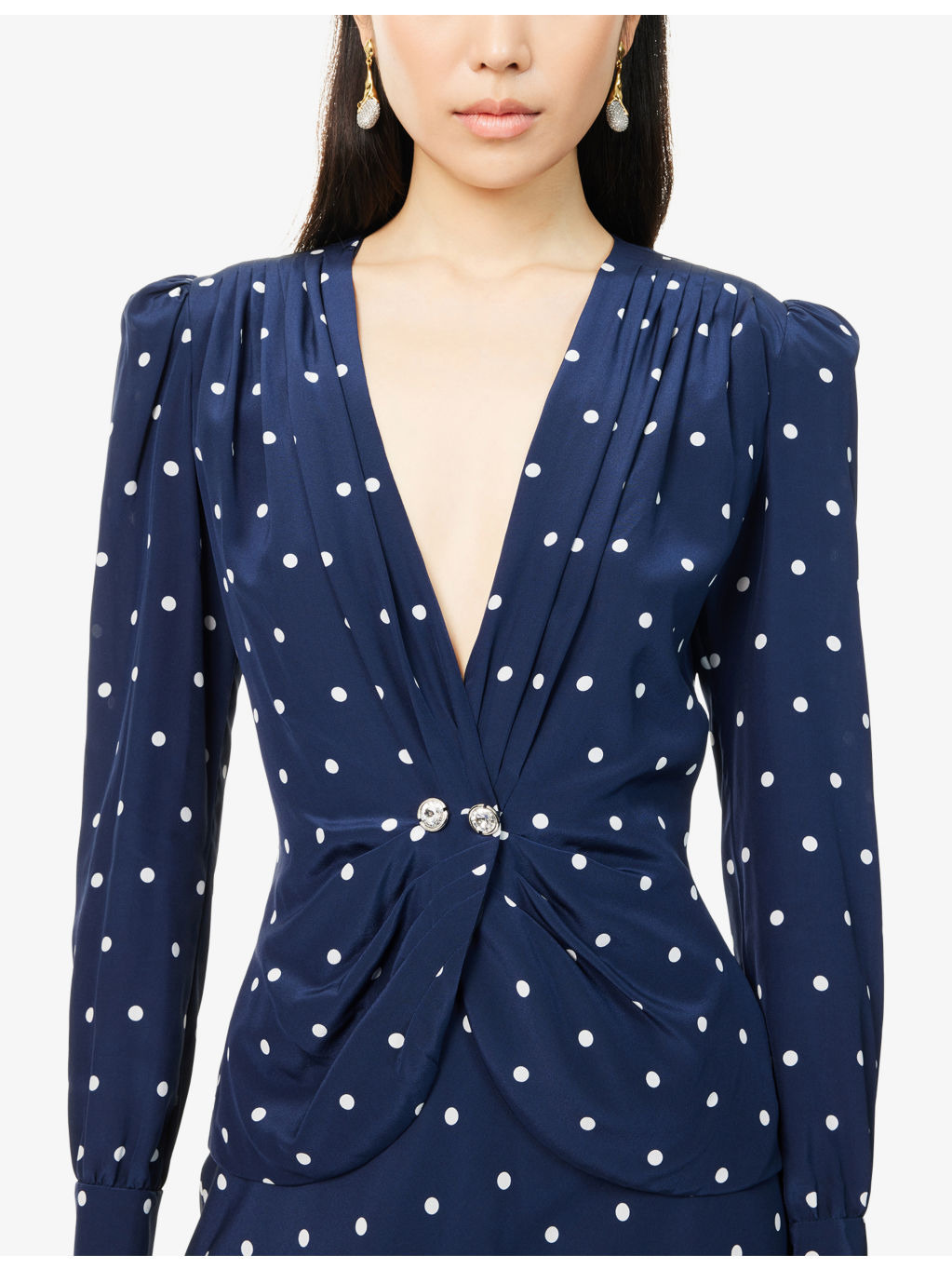 Polka-Dot Plunge-V-Neck Silk Midi Dress - 5