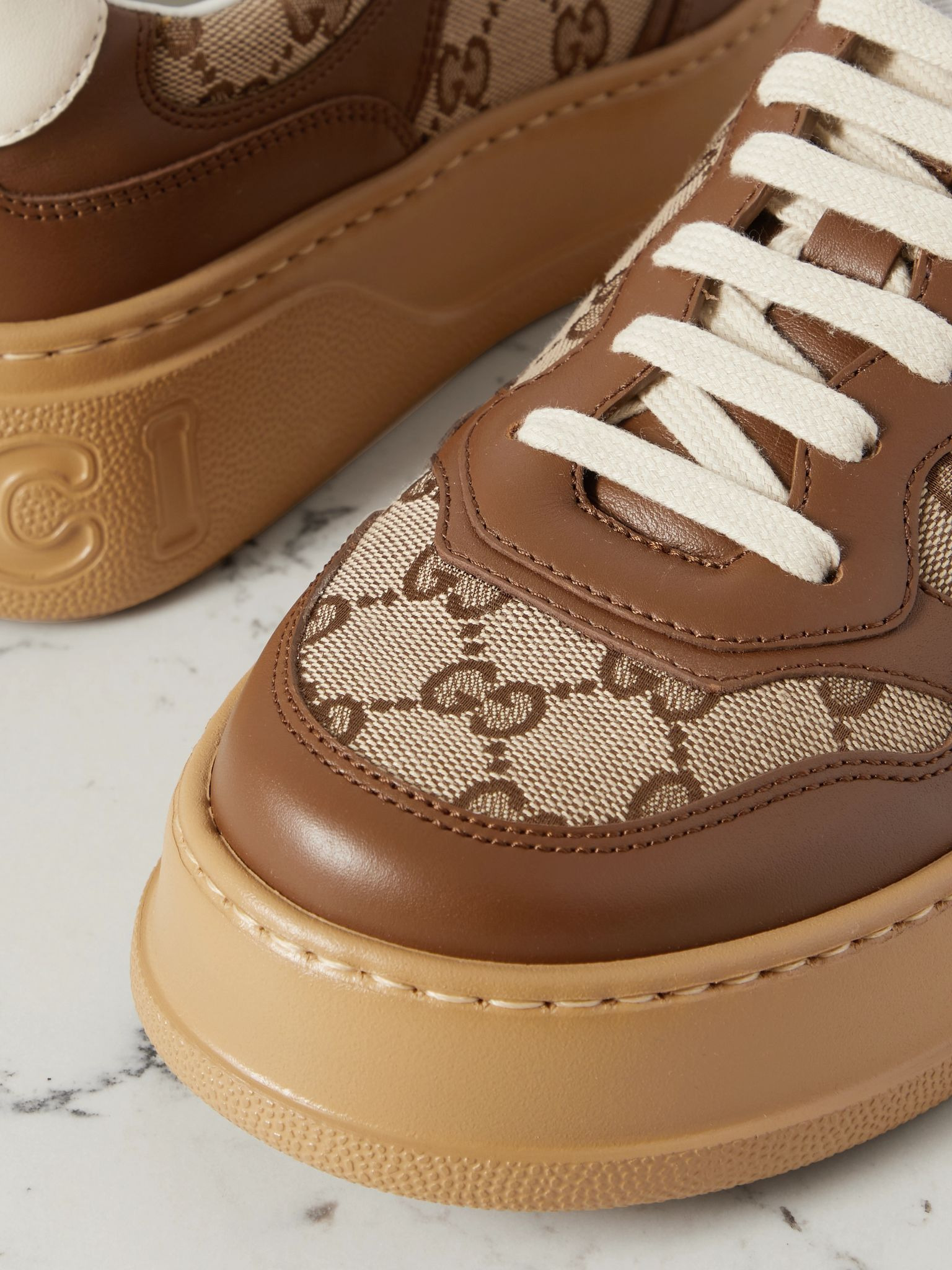 GG leather and canvas sneakers Beige - 4