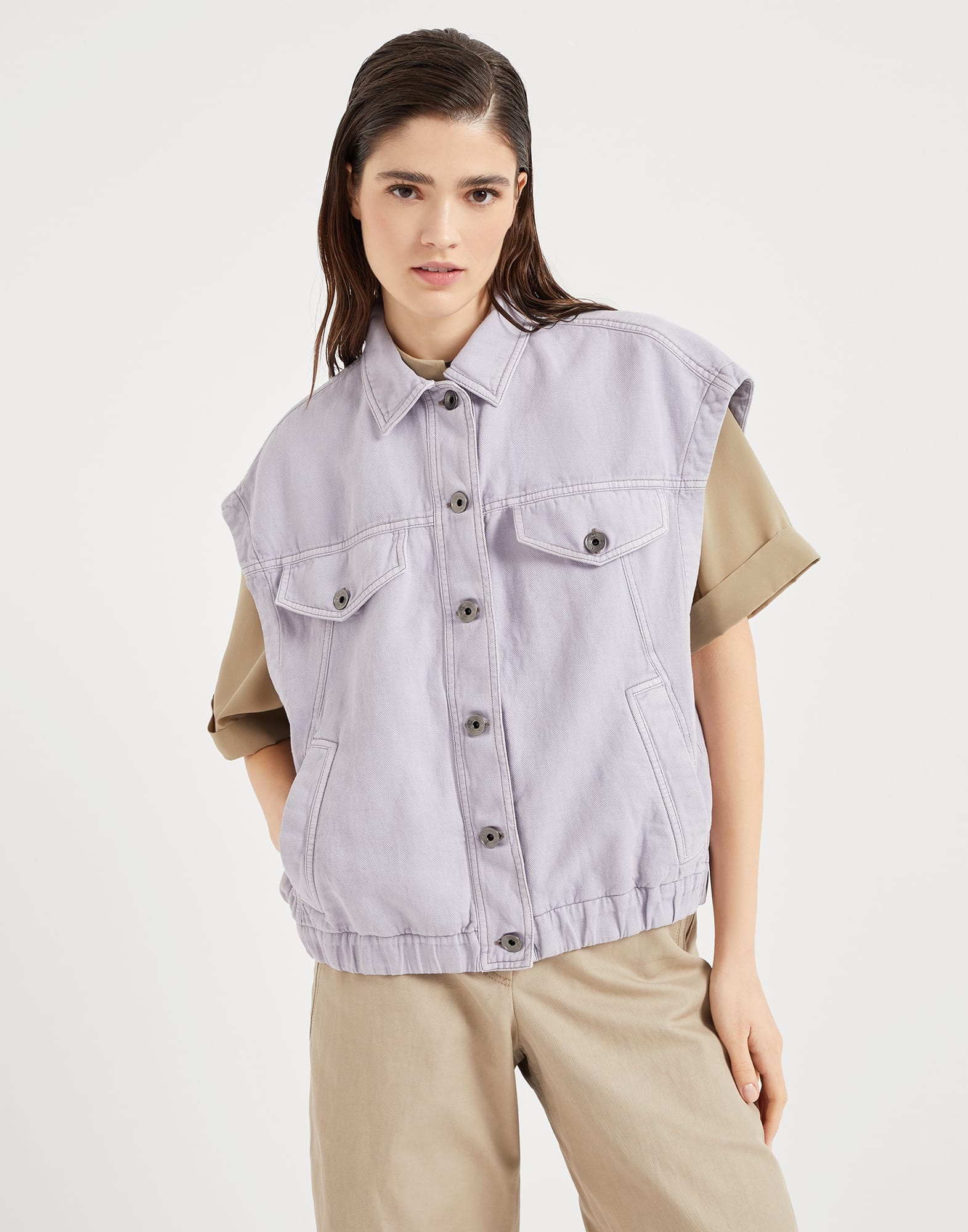 Garment-dyed cotton and linen cover four-pocket vest with monili - 1