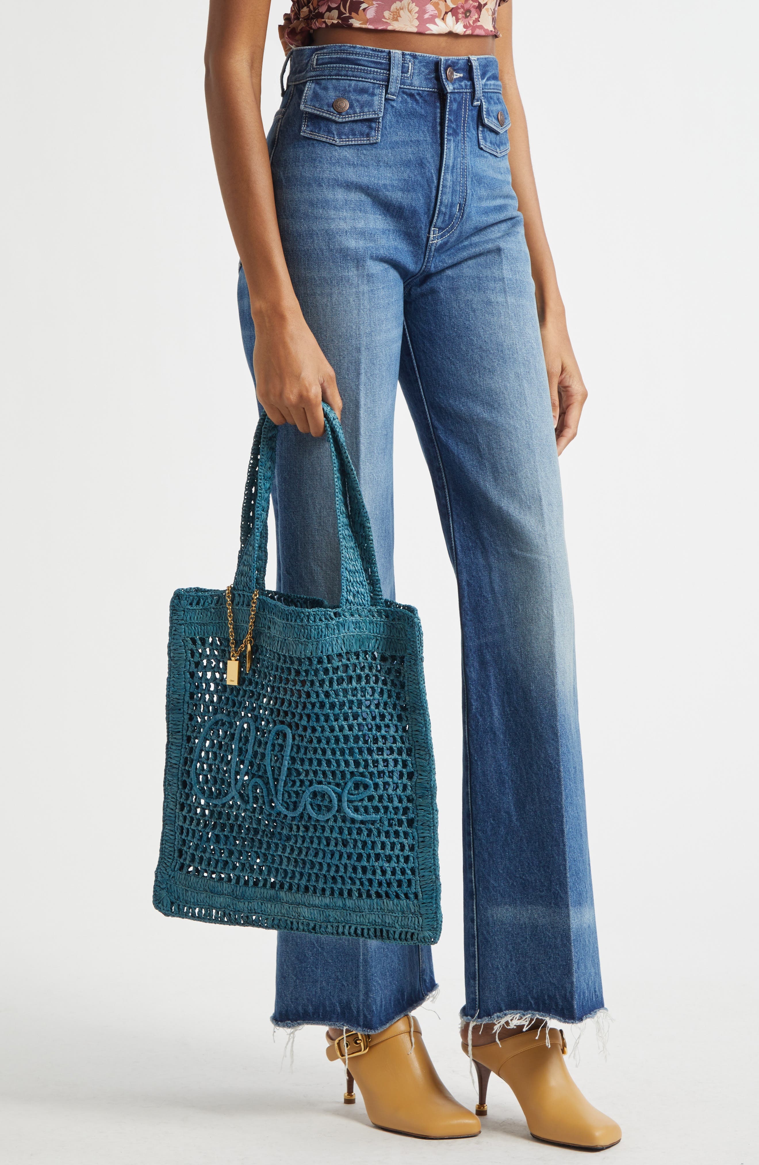 Chloé Summer Banana Crochet Raffia Tote Bag in Stormy Sea at Nordstrom - 3