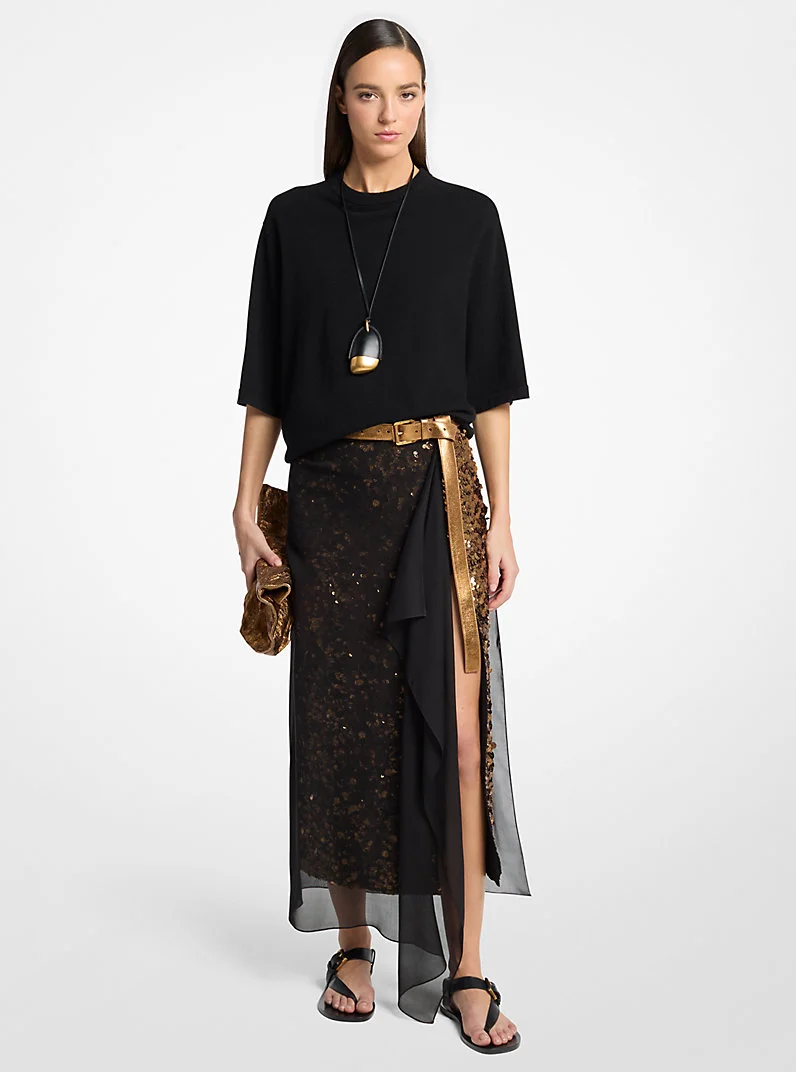 Hand-Embellished Sequin Silk Georgette Veiled Skirt - 1