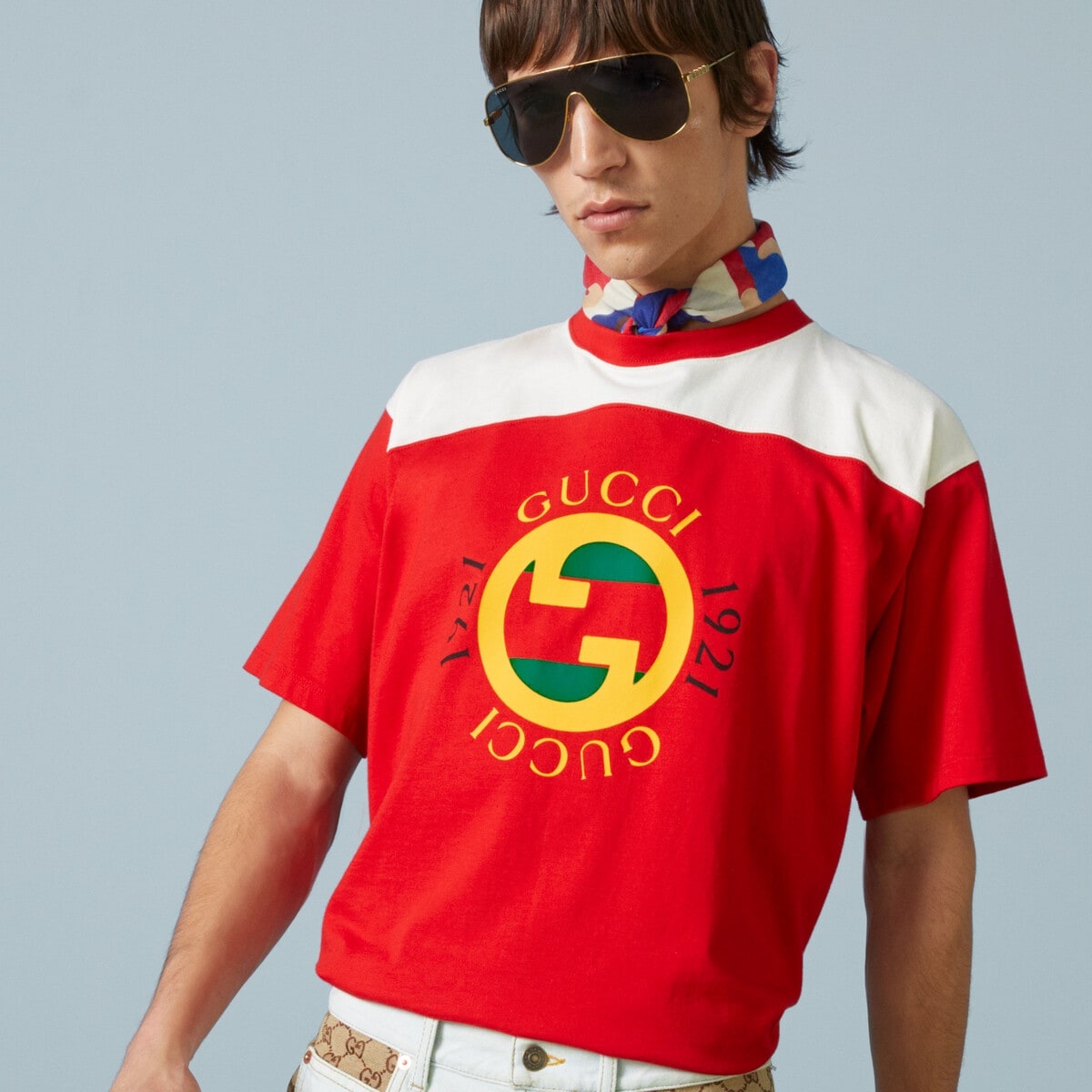 【GUCCI】1921 Interlocking Print Cotton Short-Sleeve T-Shirt Gucci Men's 3D 1921 Print T-Shirt in Black Gucci