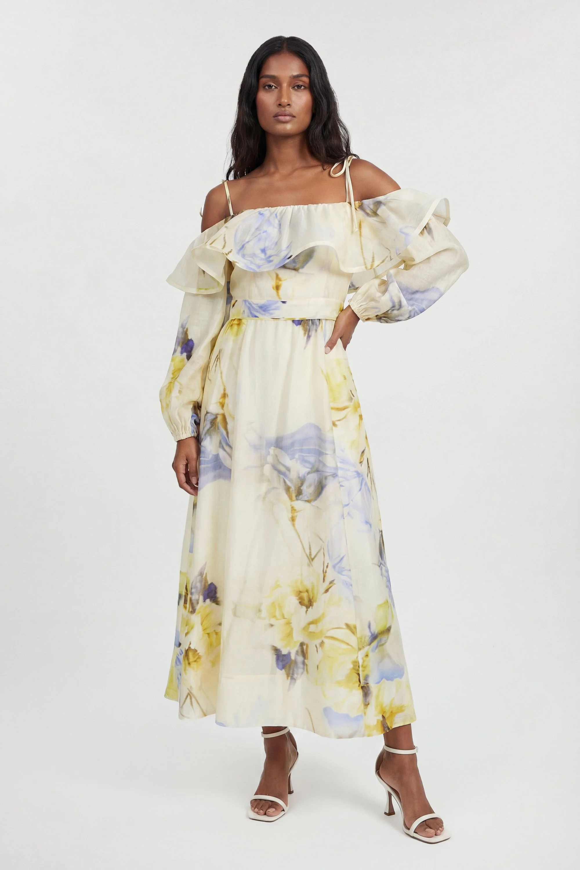 Blue Floral Off The Shoulder Shirred Woven Maxi Dress - 1