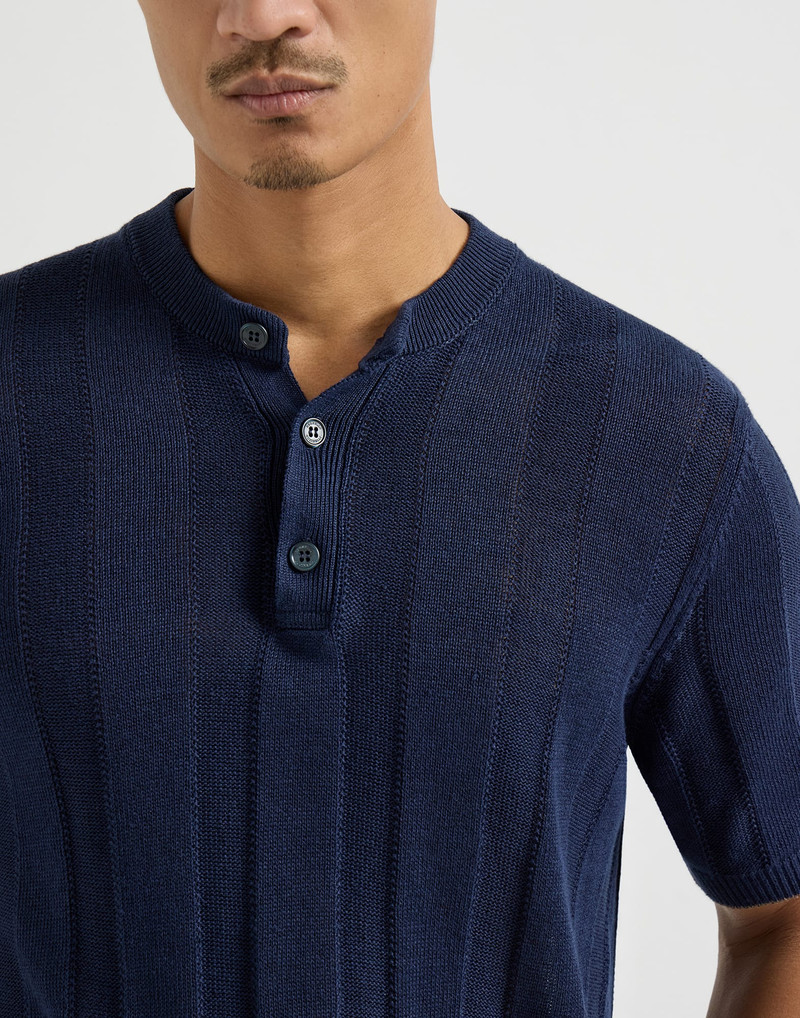 Linen and cotton textured rib knit T-shirt with Henley collar 4