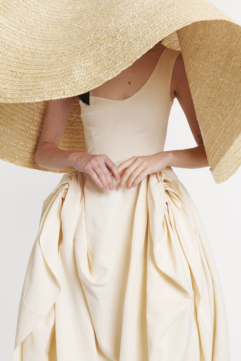 ASYMMETRIC OFF-SHOULDER DRESS WITH GATHERED DRAPED SKIRT ECRU 5