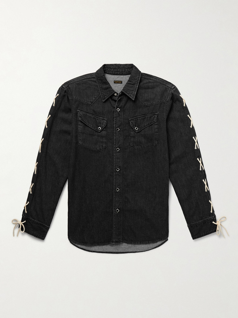 Slim-Fit Leather-Trimmed Lace-Up Denim Shirt 1