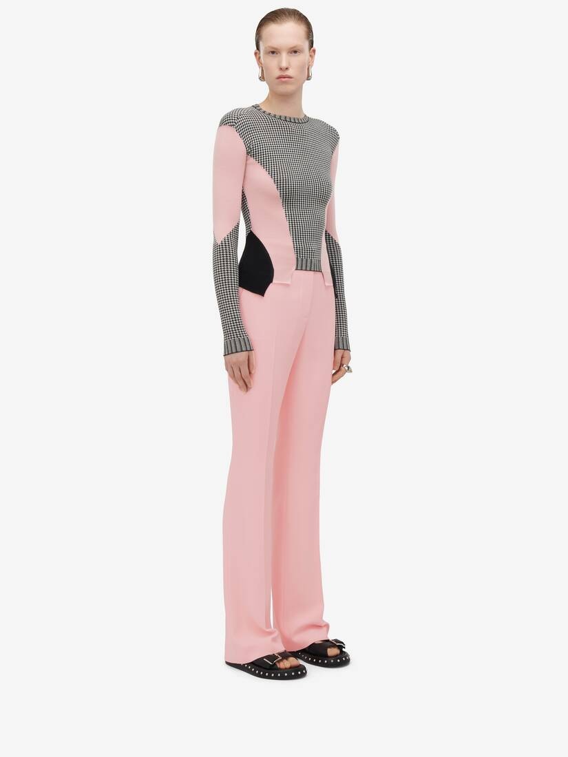 Women's Dogtooth Colour-block Peplum Jumper in Black/white/pink - 4