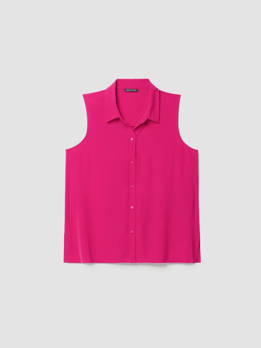 Silk Georgette Crepe Classic Collar Sleeveless Shirt - 1