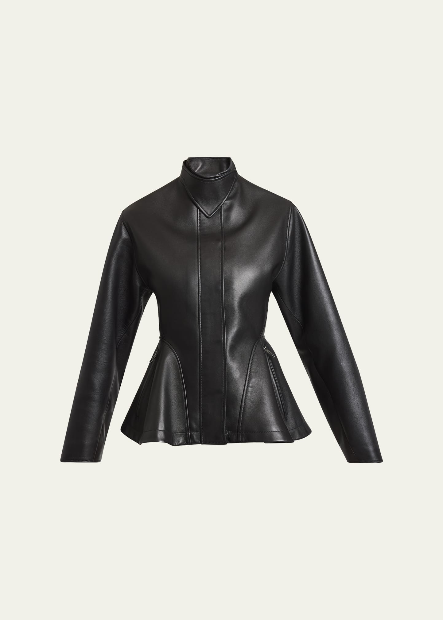 High-Neck Leather Peplum Jacket - 1