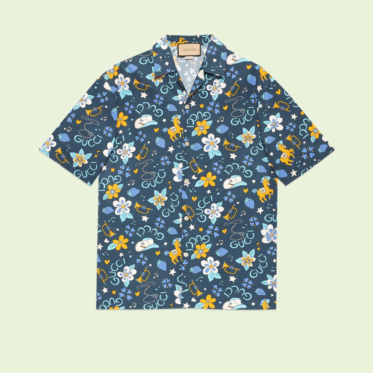 Blue Bouquet-print cotton-poplin bowling shirt