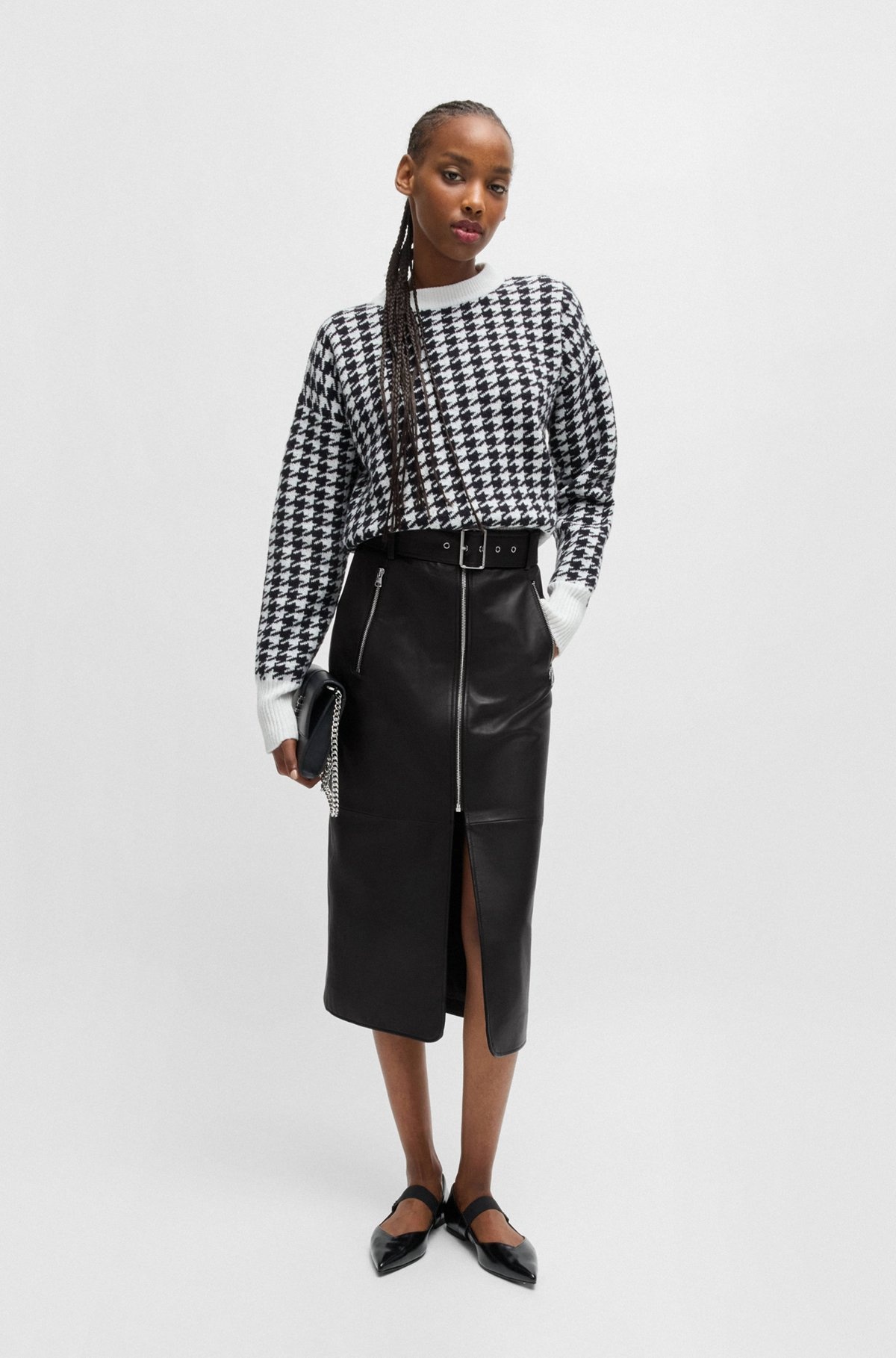 LEATHER MIDI SKIRT WITH ZIPS AND BELT - 3