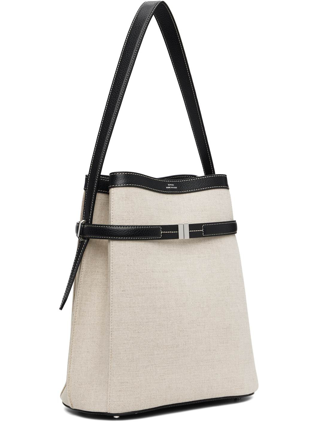 Beige & Black Belted Canvas Bucket Bag - 2