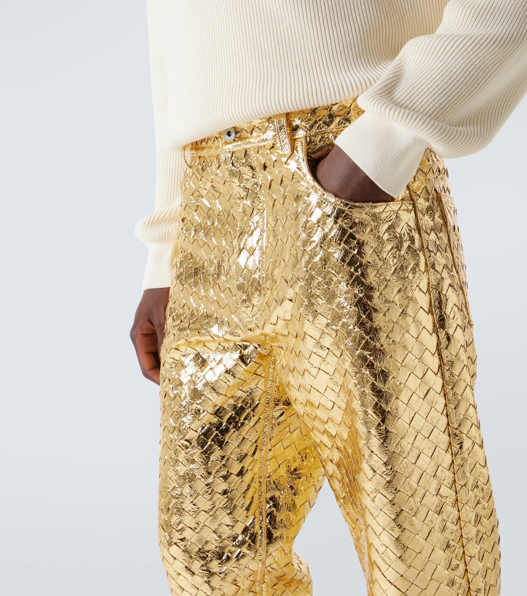 Intrecciato metallic leather straight pants - 5