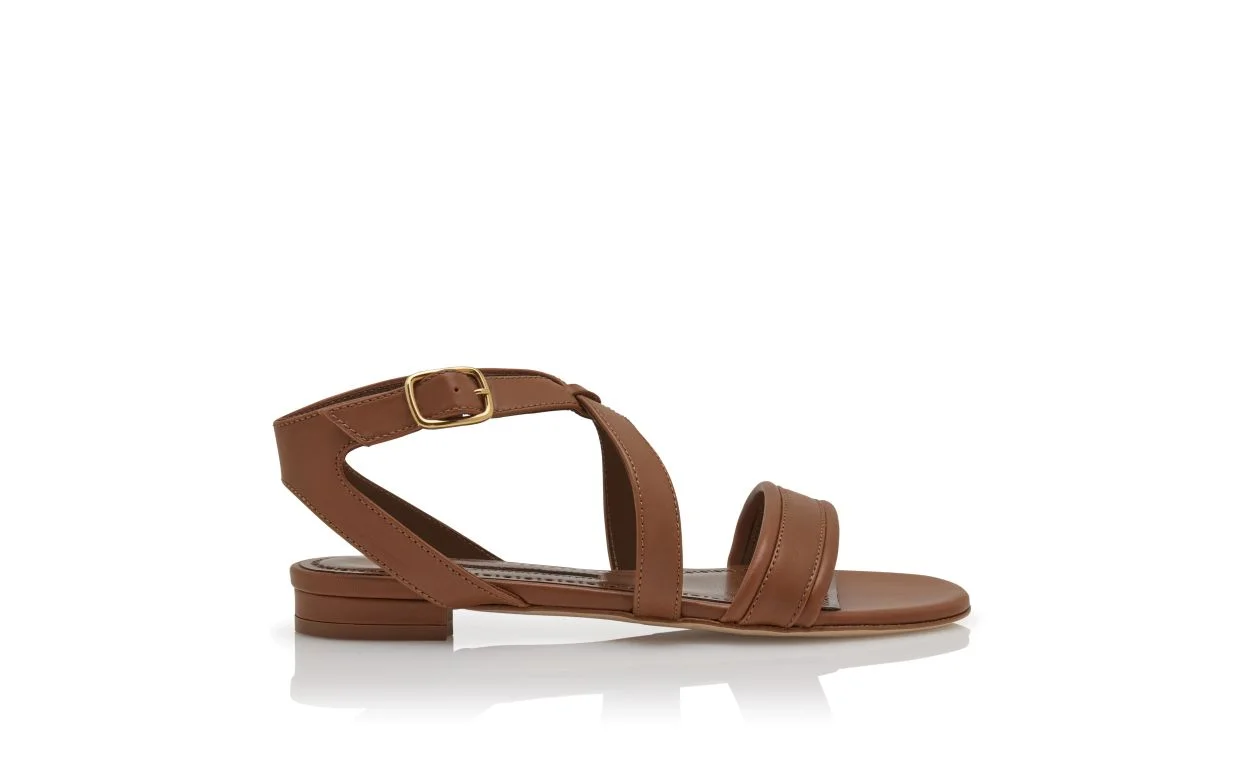 Brown Calf Leather Crossover Flat Sandals - 1