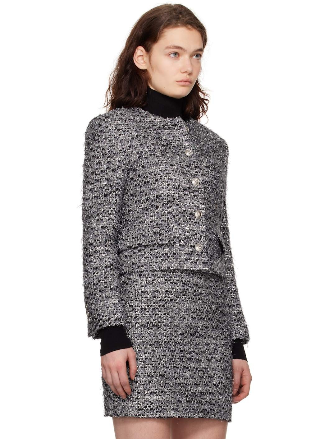 Gray Round Neck Crop Tweed Jacket - 2