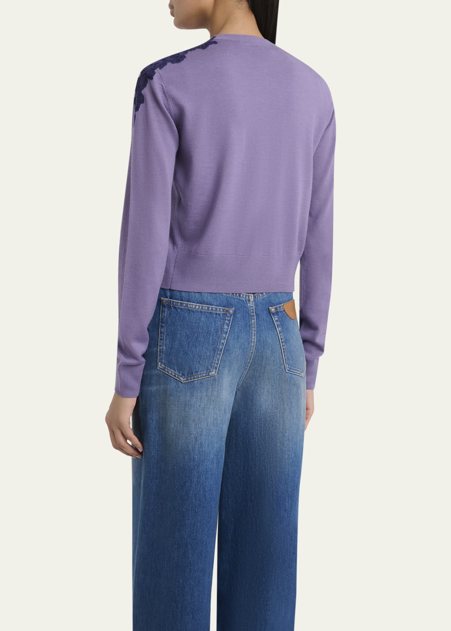 Guipure Lace-Trim Crewneck Knit Cardigan - 3