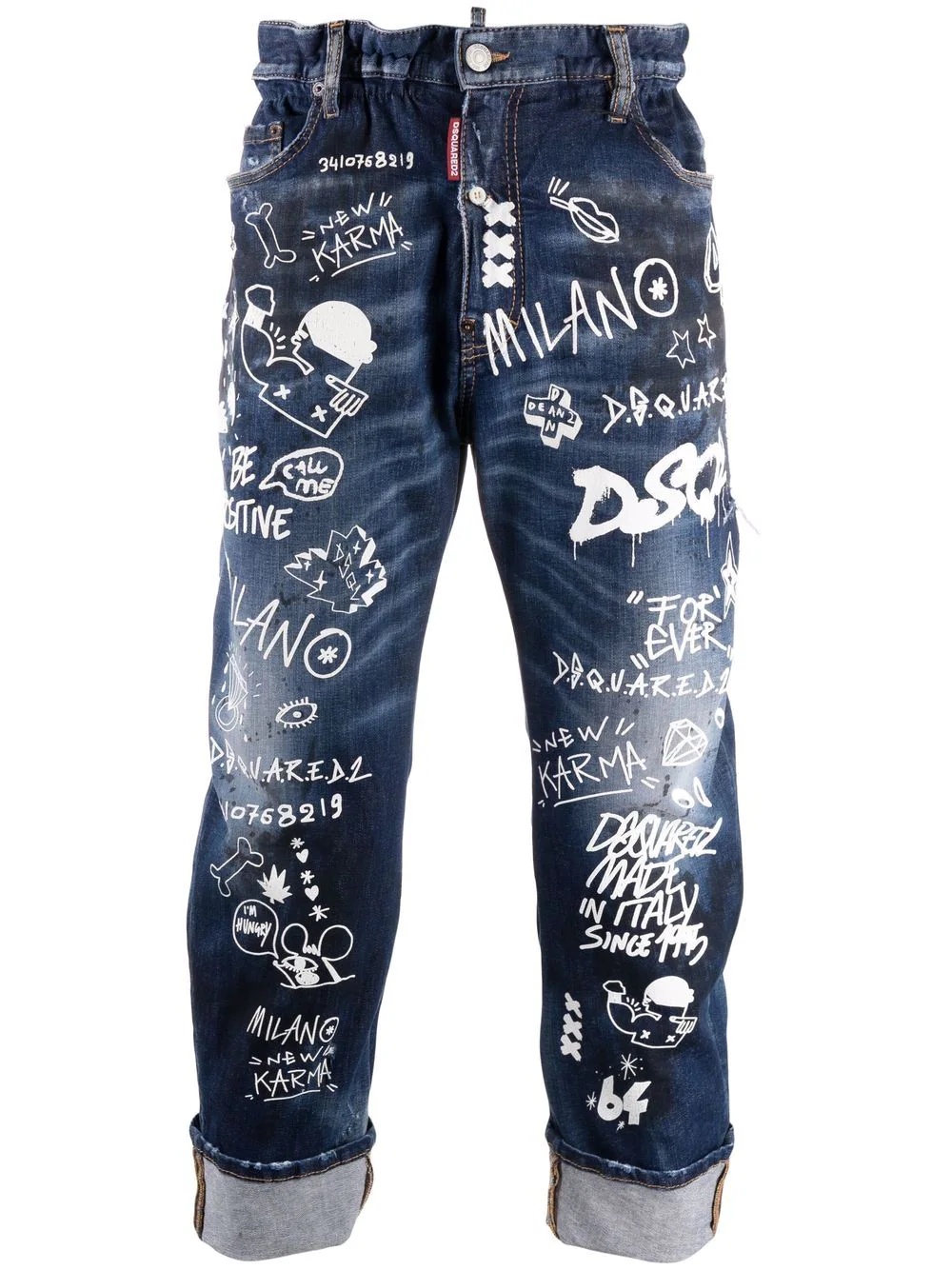 graffiti print turn-up jeans - 1