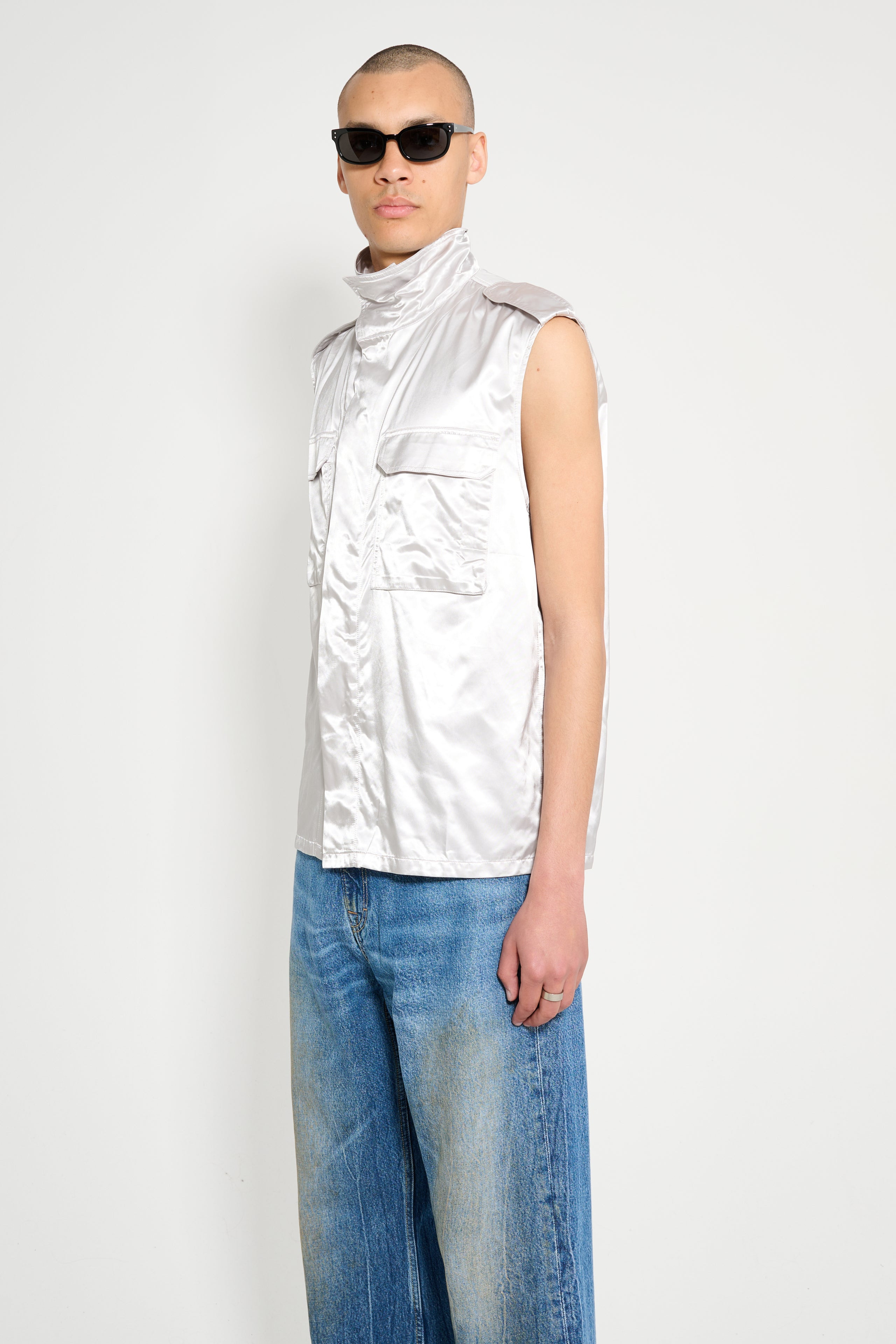 OLLY SHINDER WET LOOK NYLON SLEEVELESS OVERSHIRT SILVER - 2