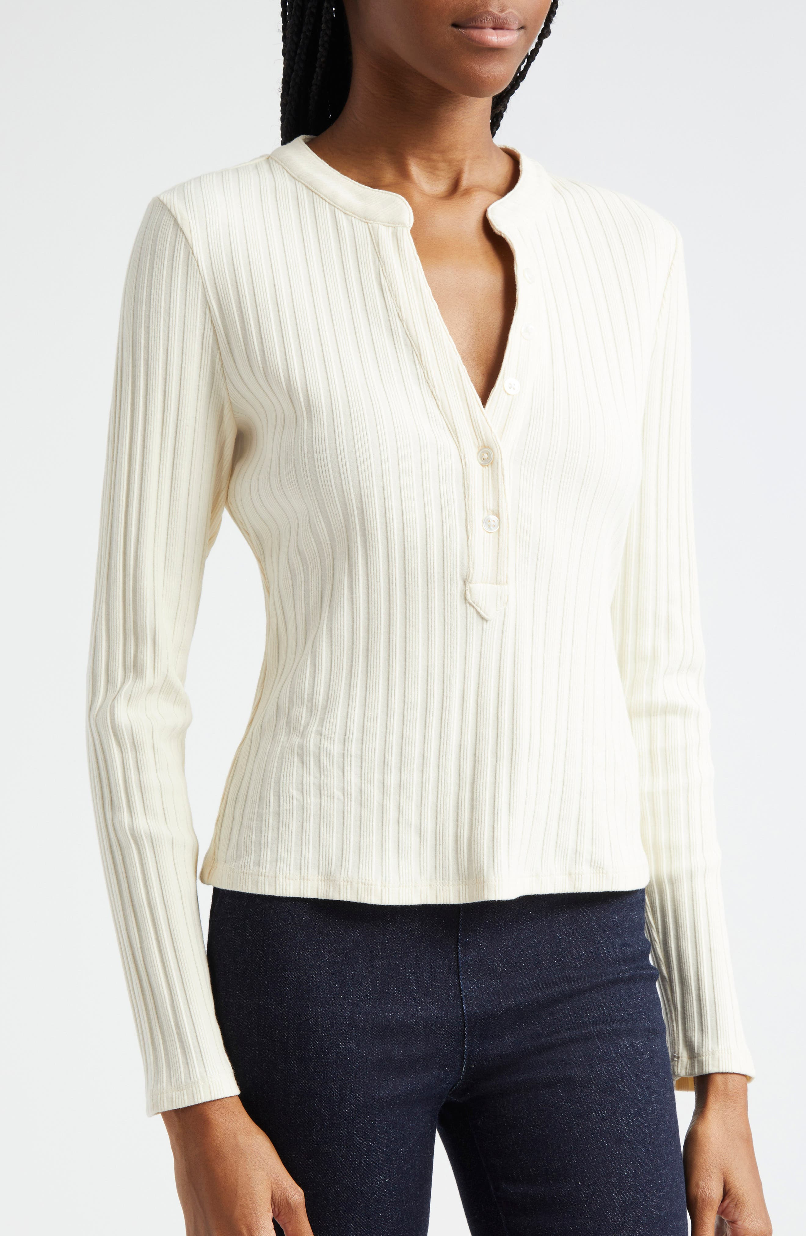 Veronica Beard Jocelyn V-Neck Rib Cotton Top in Ivory at Nordstrom - 5