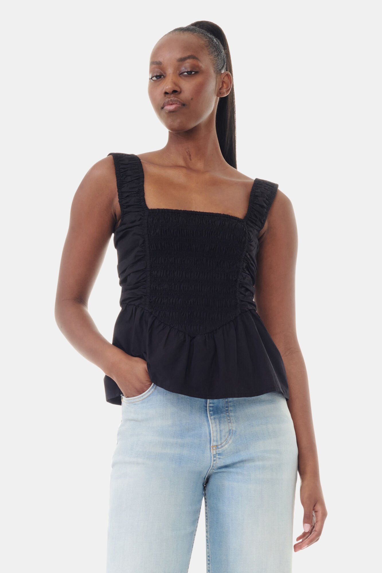 BLACK COTTON POPLIN SMOCK STRAP TOP - 2