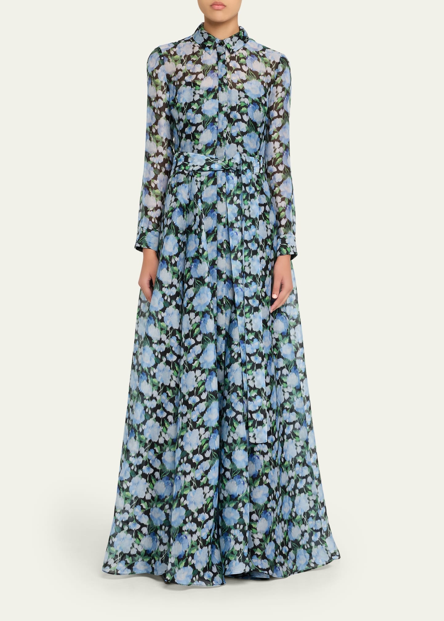 Floral Silk Long-Sleeve Trench Gown - 2