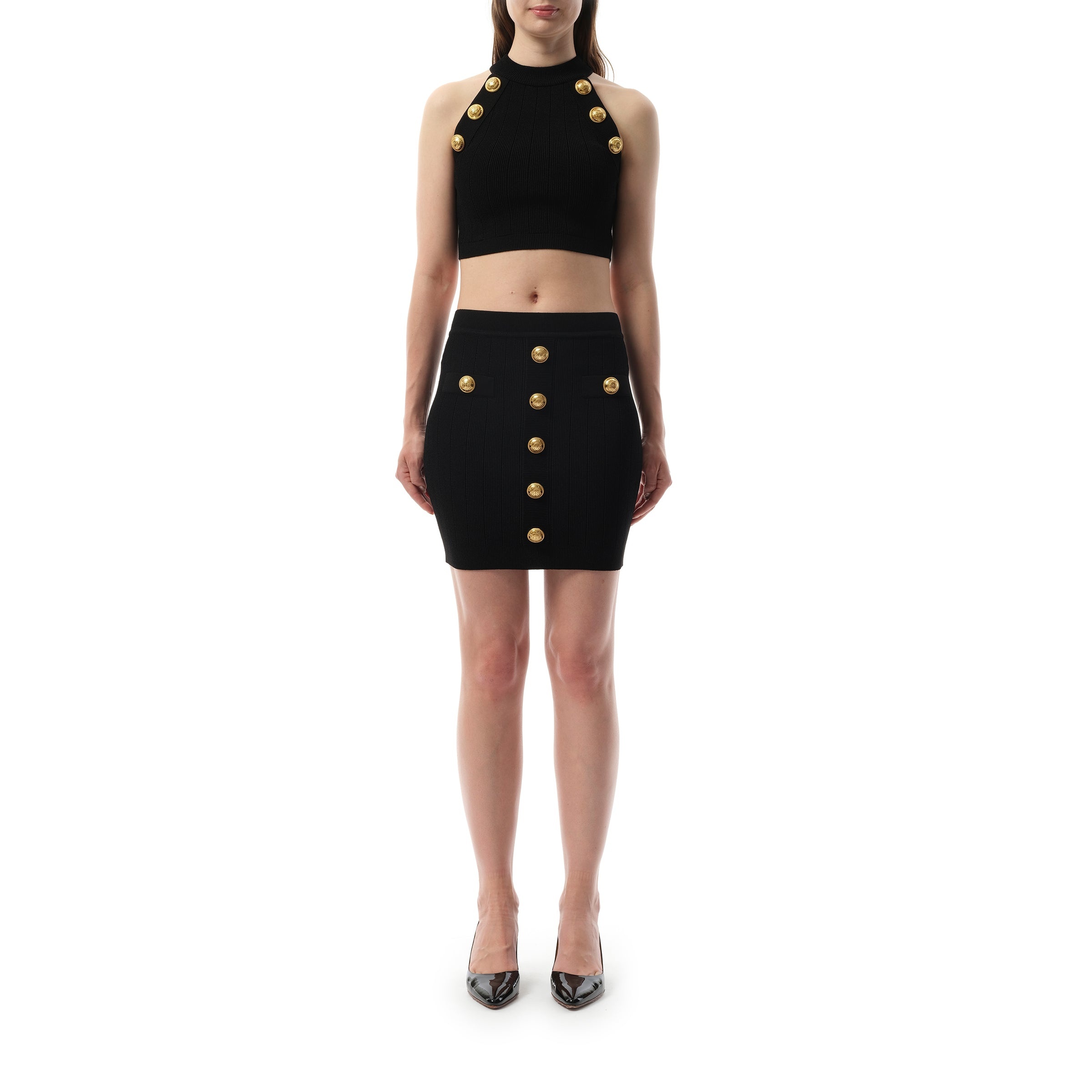 2 Pockets Buttoned Knit Short Skirt in Black - 4