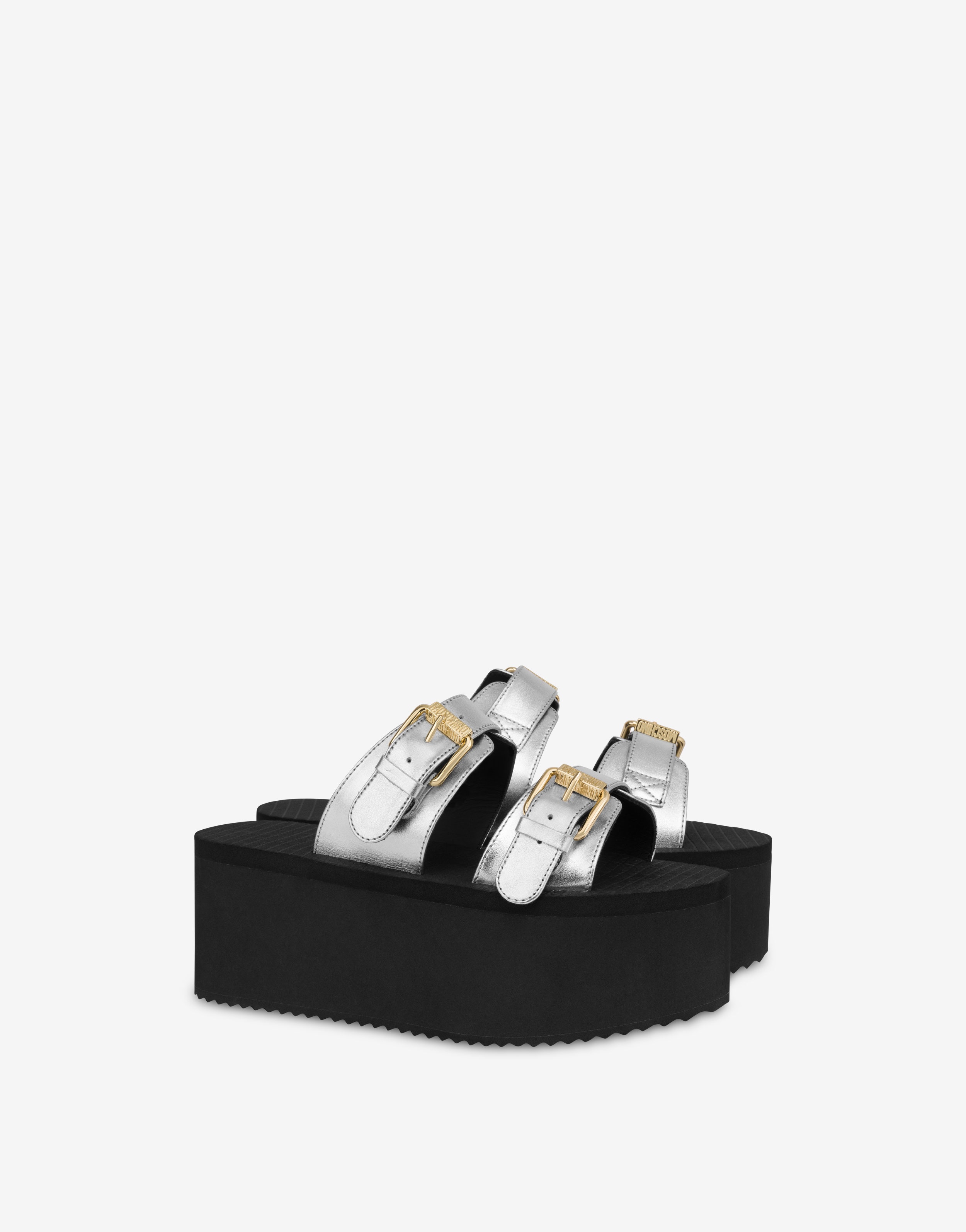 MOSCHINO BUCKLE LAMINATED WEDGE SANDALS - 1