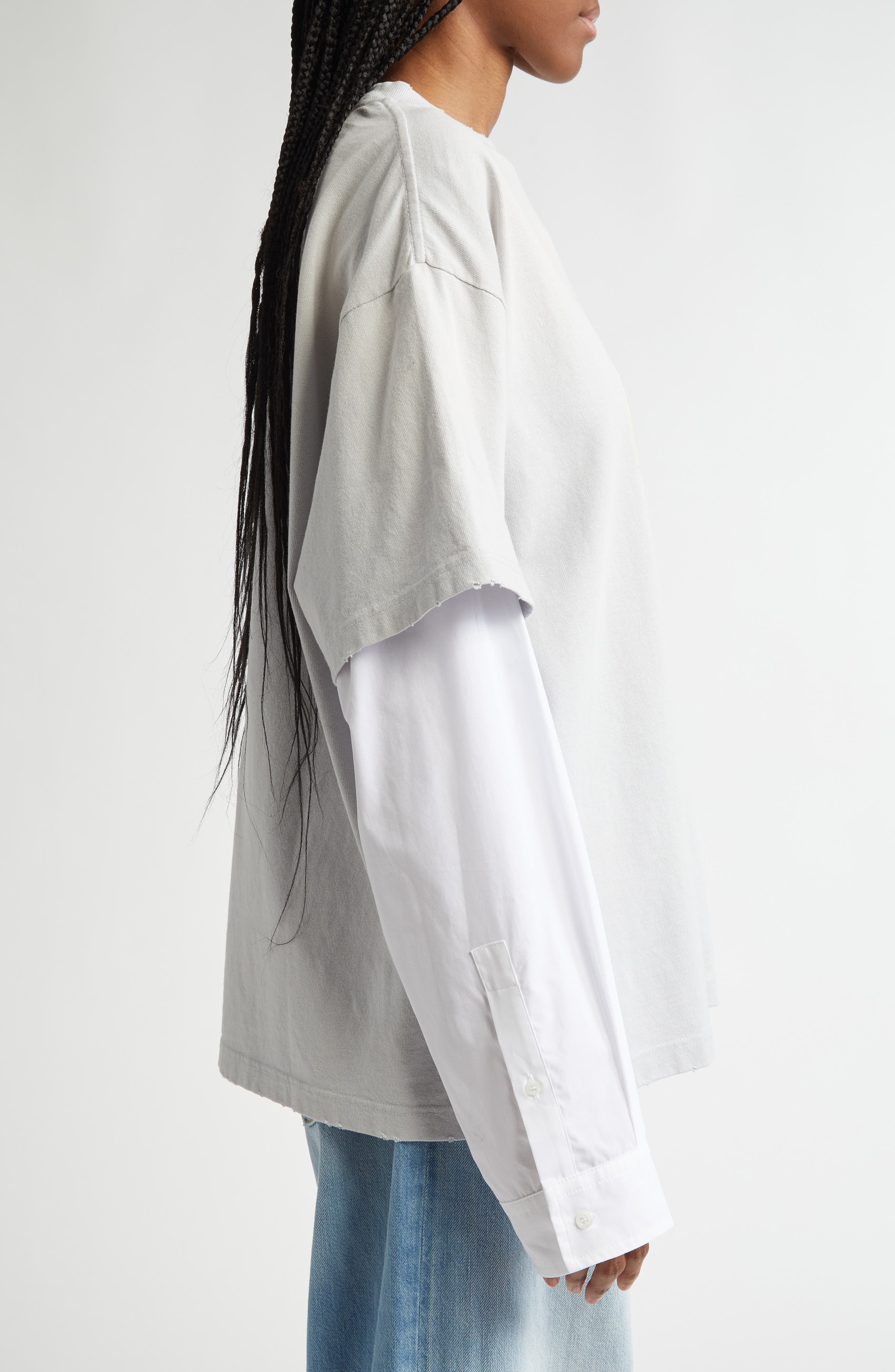 Acne Studios Edra Double U Layered Cotton Shirt in Light Grey Aab at Nordstrom - 3