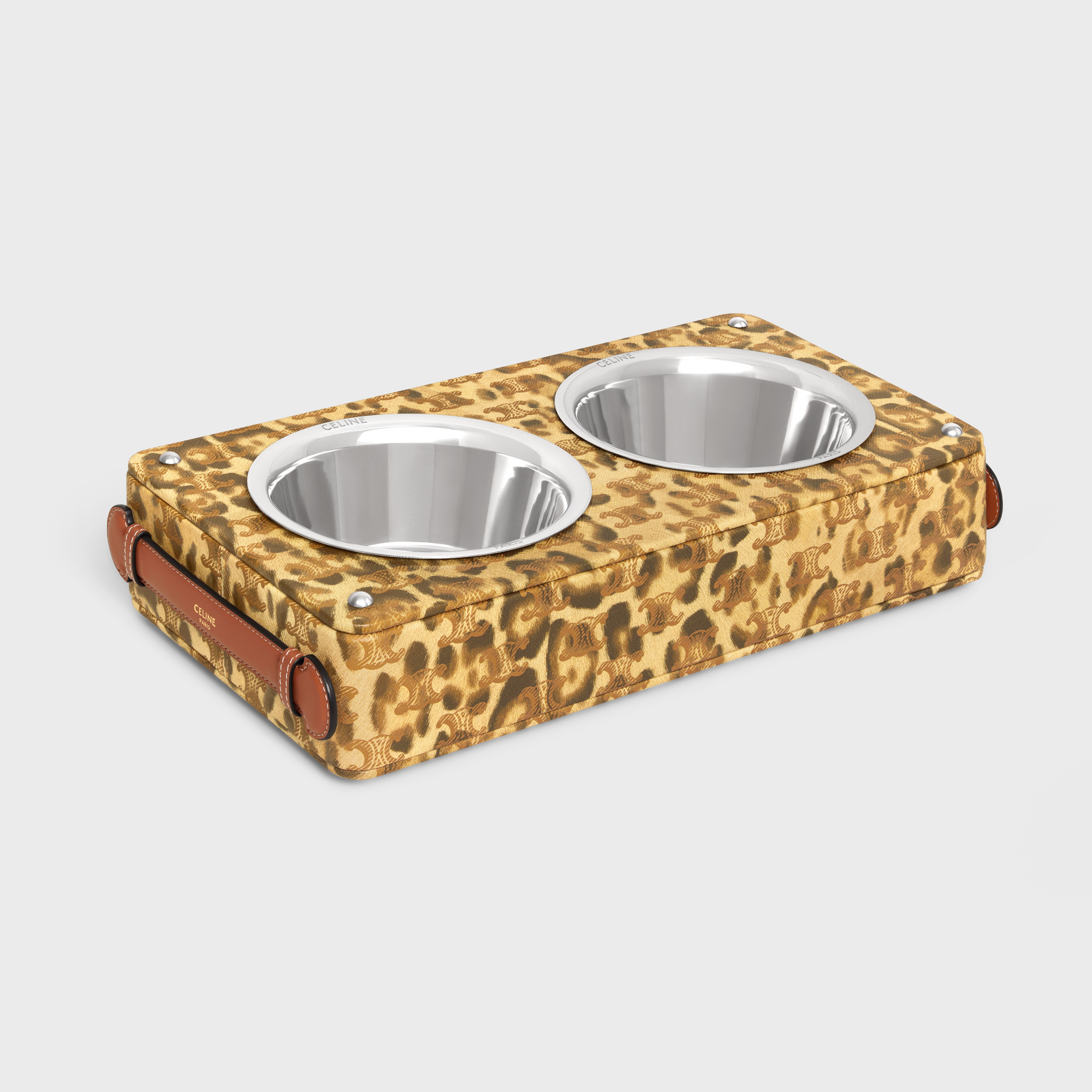 Dog bowl in lambskin with Triomphe canvas with leopard print - 2