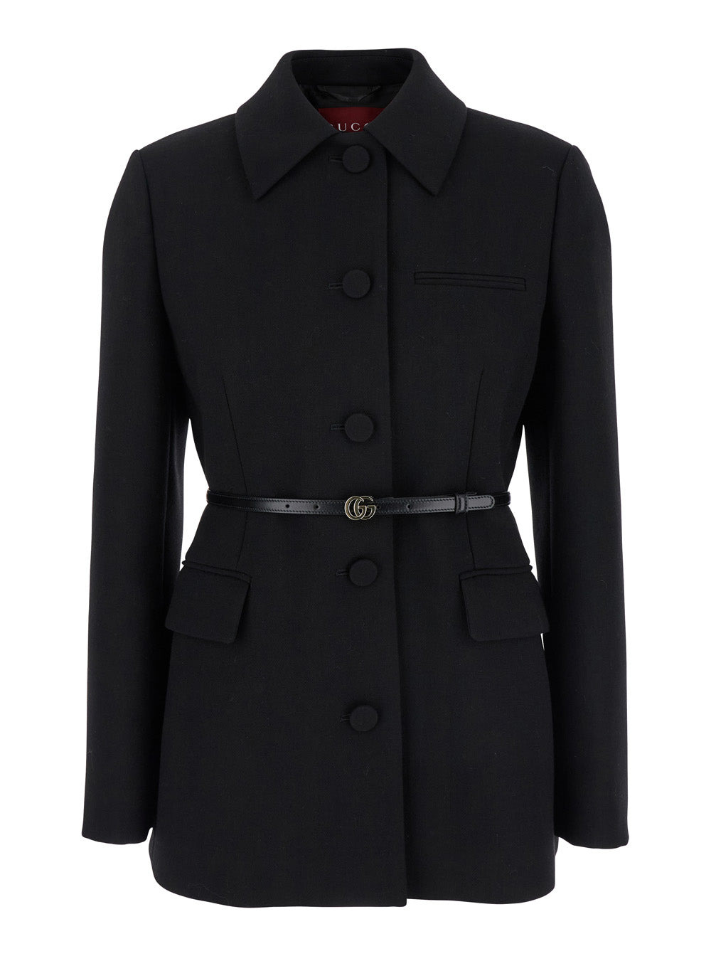 Gucci Women Black Jacket With Classic Collar And Belt With Double G Detail In Leather Woman - 1