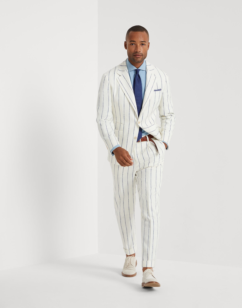 Linen, wool and silk chalk stripe deconstructed blazer with patch pockets 5