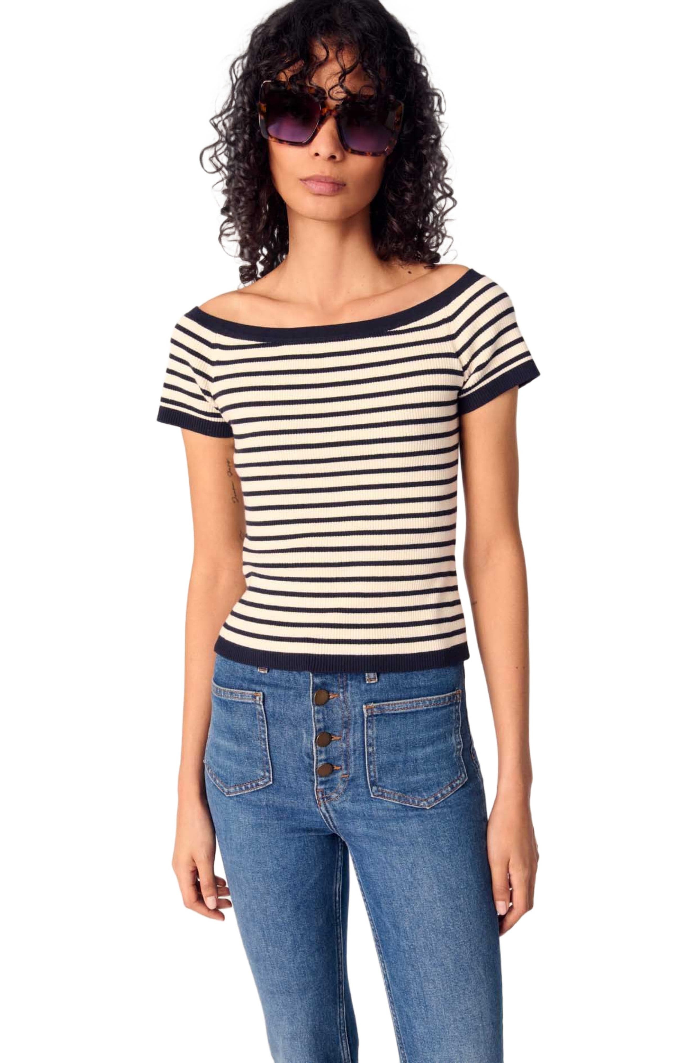 maje Rib knit short sleeve boat neck top in Navy /Ecru at Nordstrom - 4