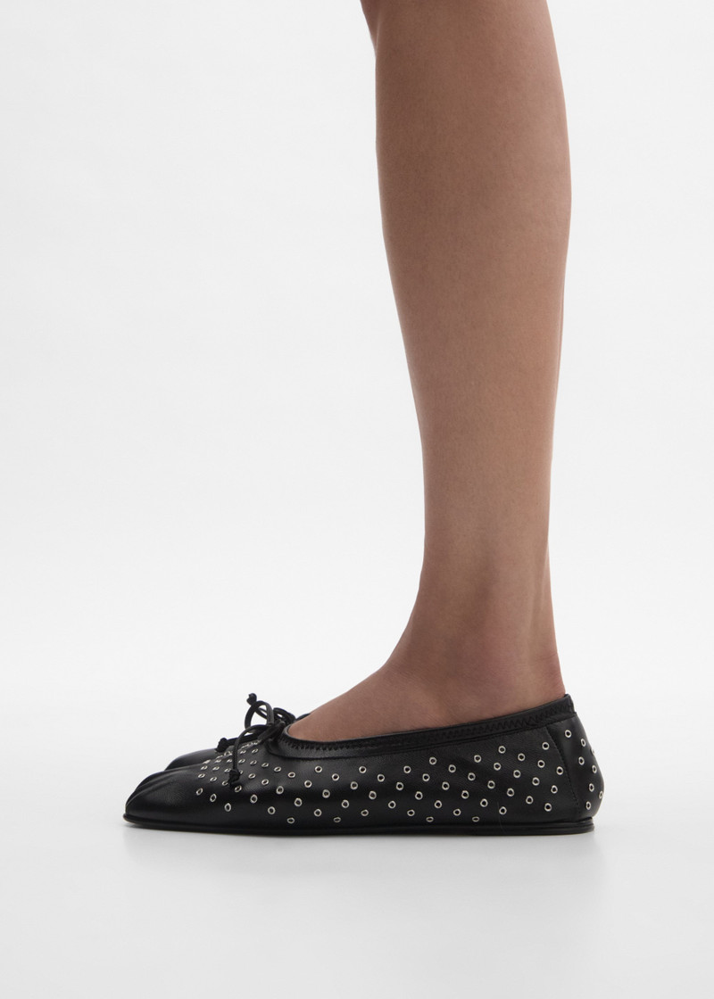 Gathered ballet flats in black studded leather 4