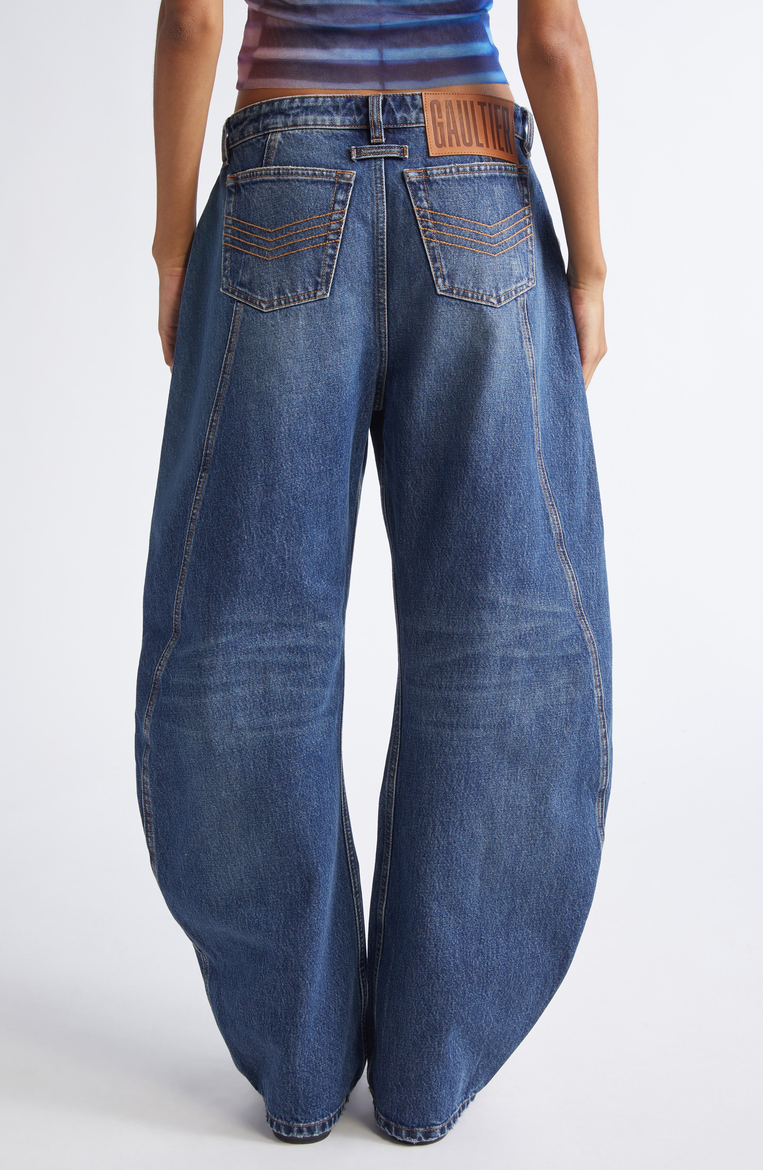 Jean Paul Gaultier Strap Detail Wide Leg Jeans in Vintage Blue at Nordstrom - 3