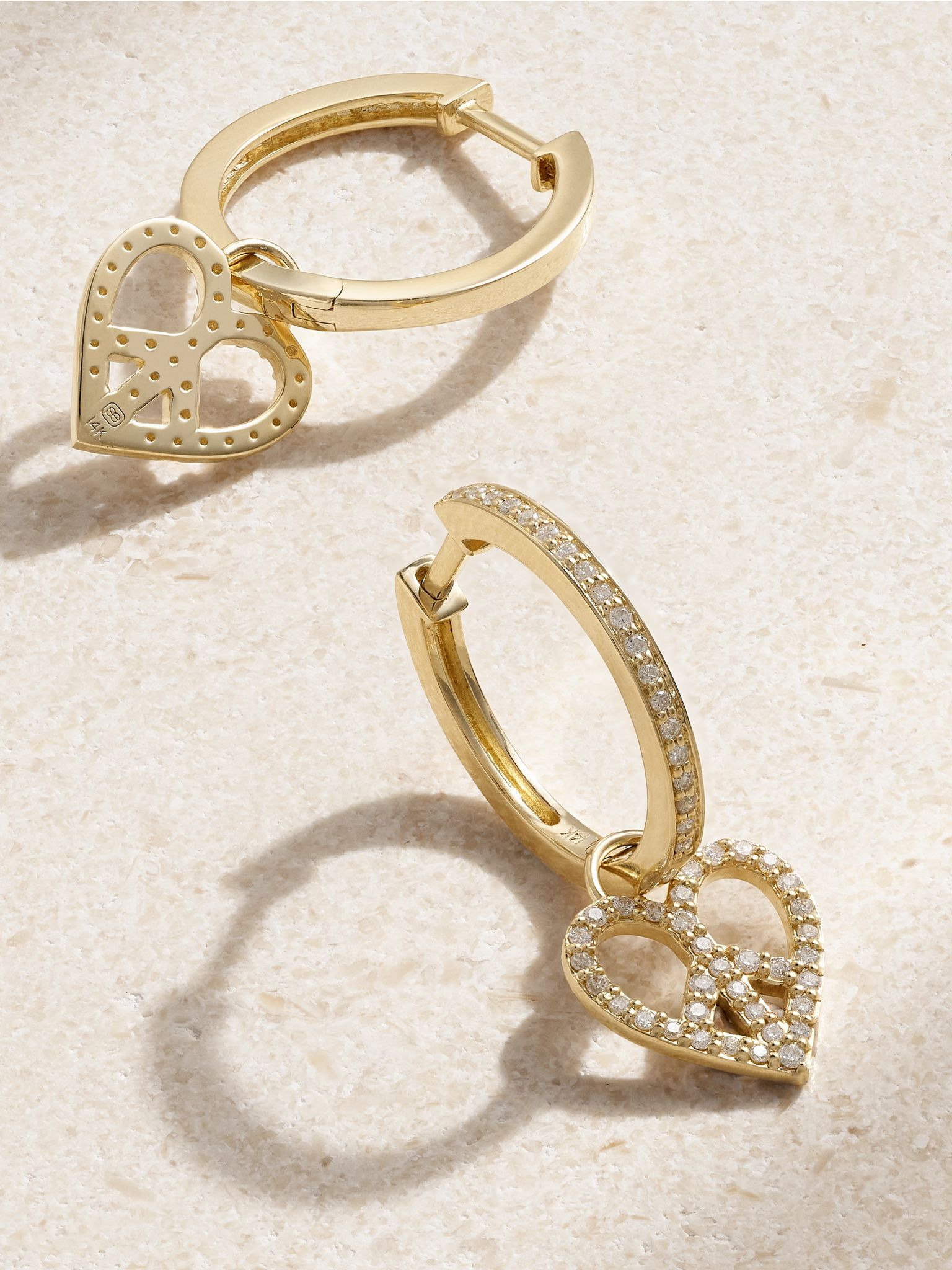 Peace Love 14-karat gold diamond hoop earrings Gold - 3