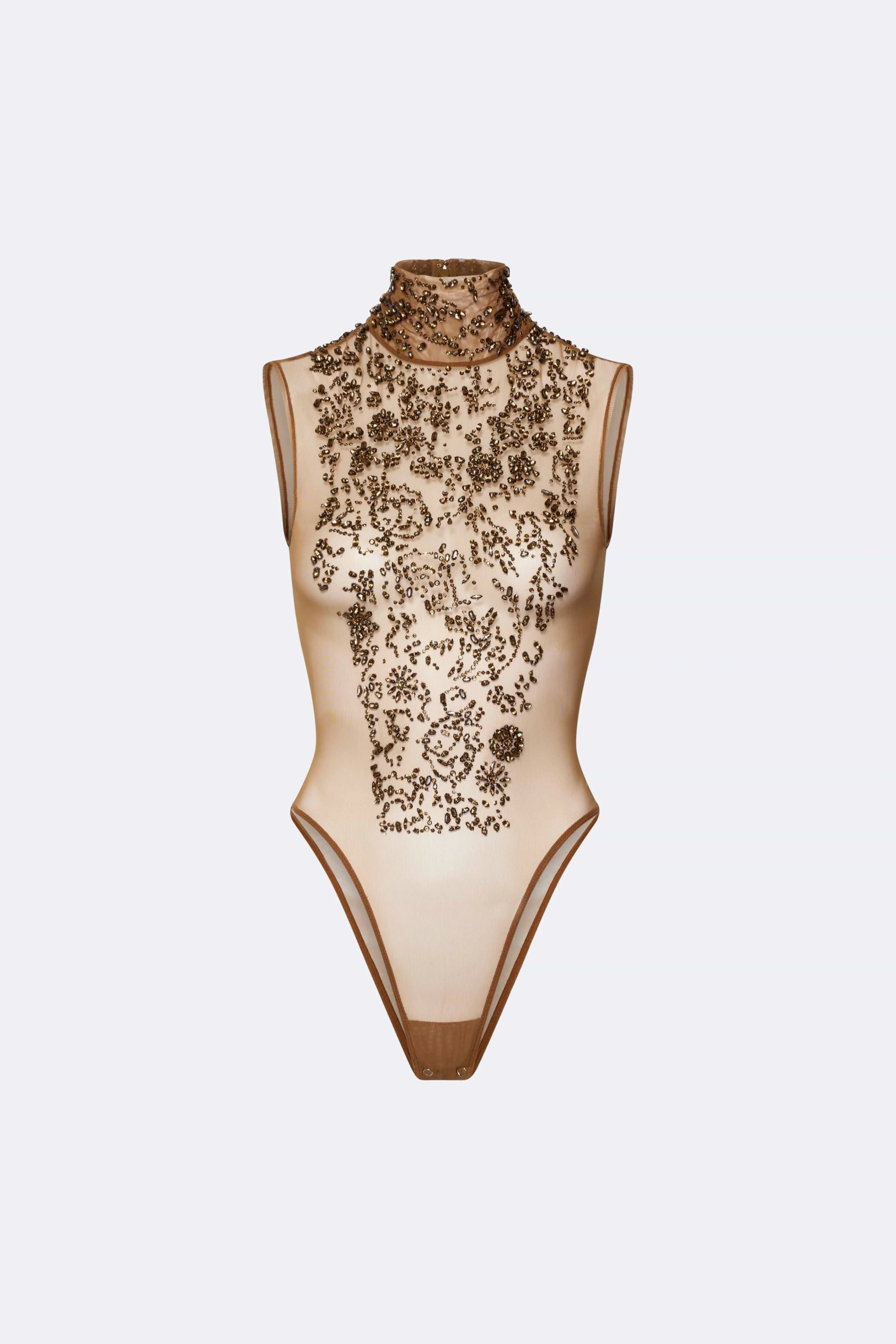 Flower Crystal Embroidery Sleeveless Mock Neck Bodysuit - 1