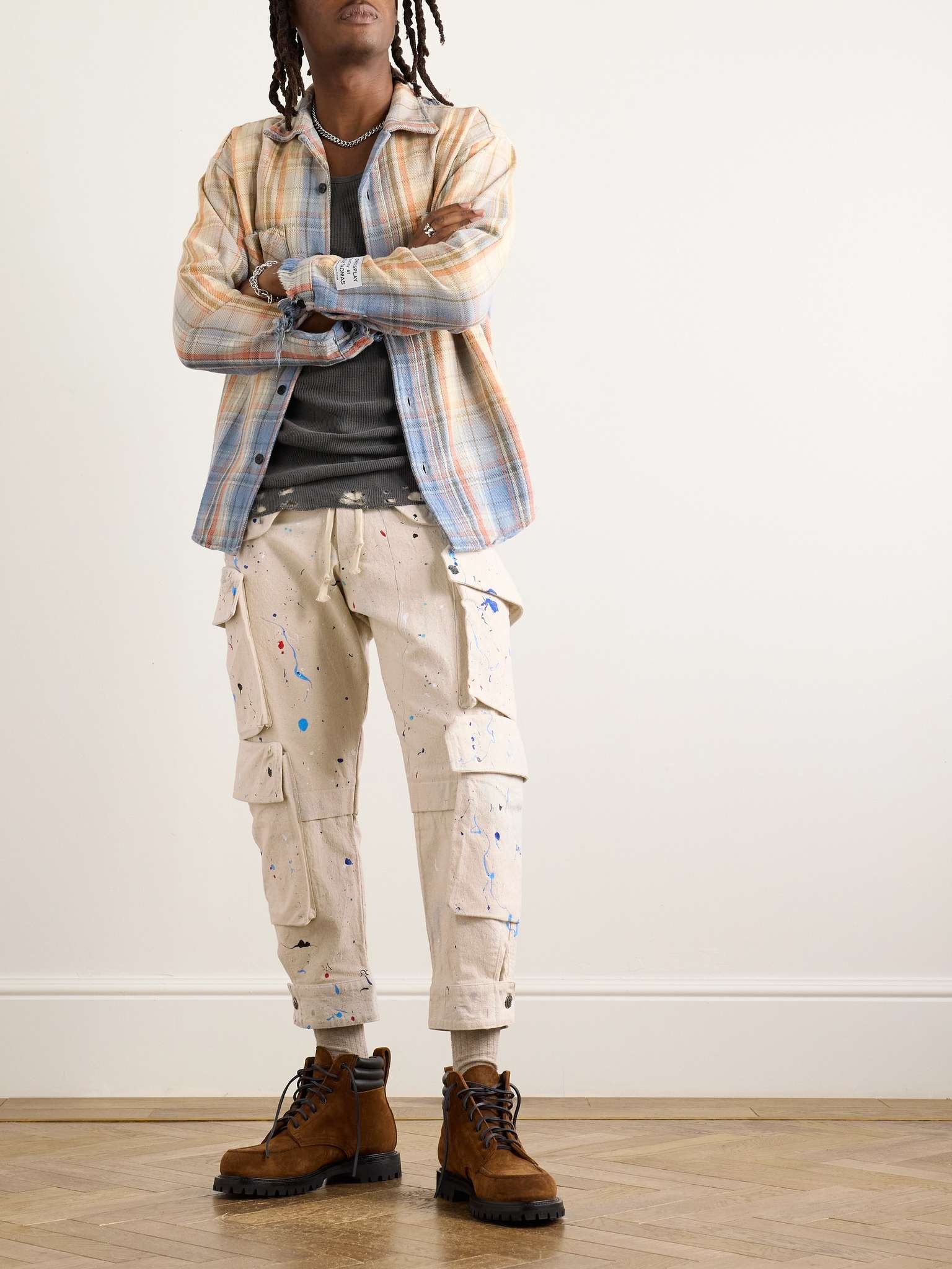 Tapered Cropped Paint-Splattered Cotton-Canvas Drawstring Cargo Trousers - 2