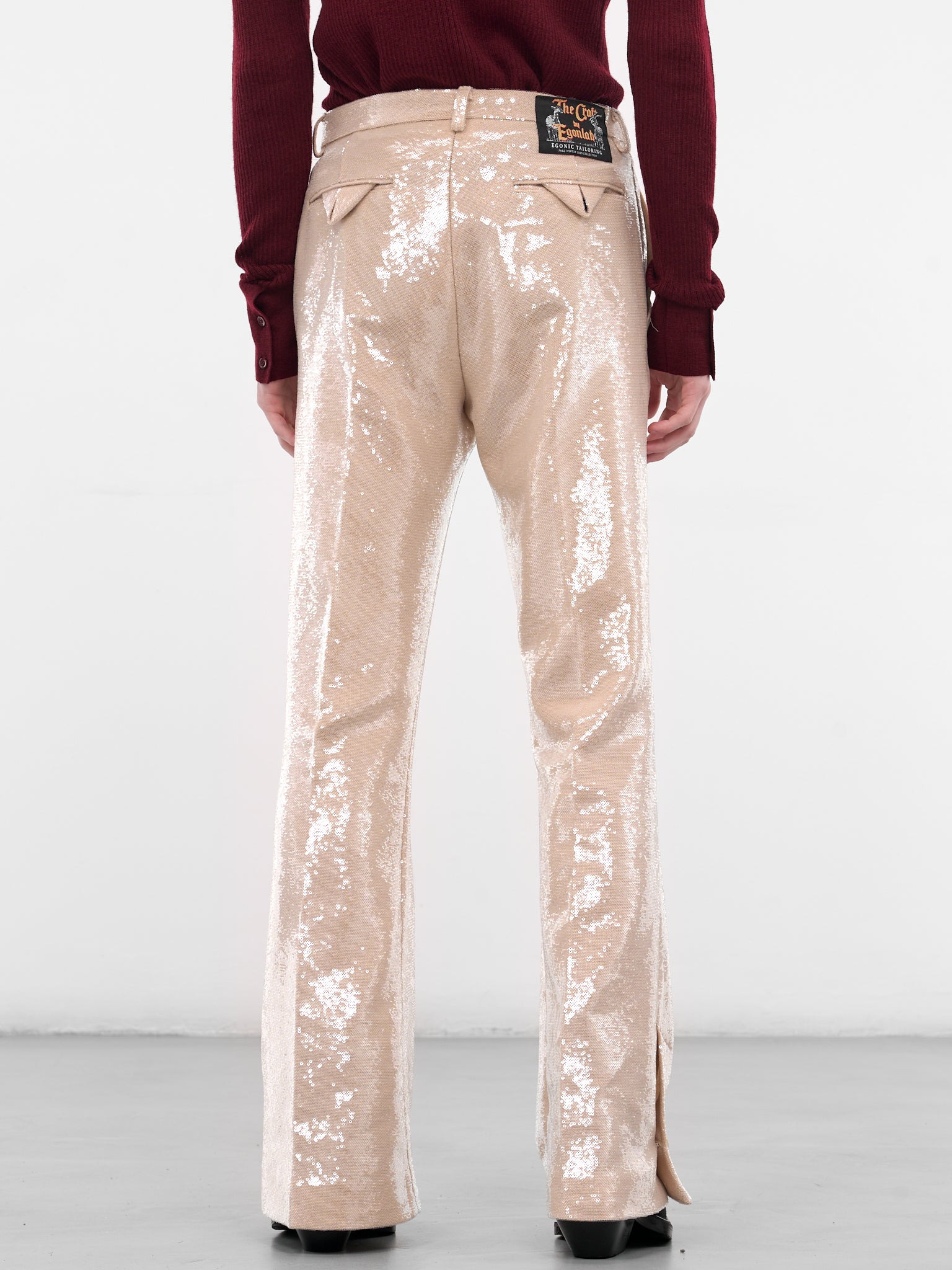Beige Sequin Flared Trousers - 3