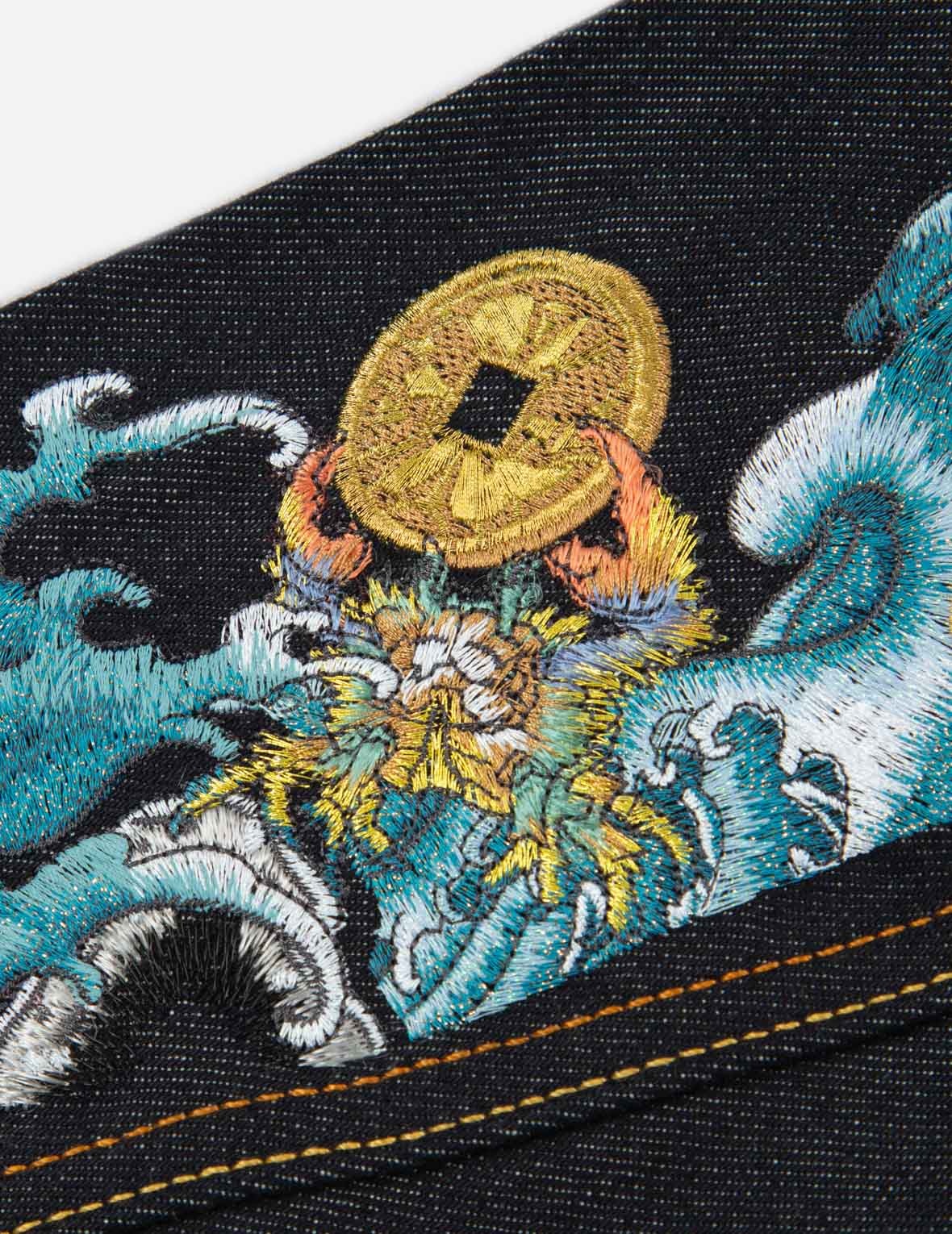 “THE GOD OF FORTUNE RIDING WAVES” DAICOCK EMBROIDERY DENIM JACKET - 14