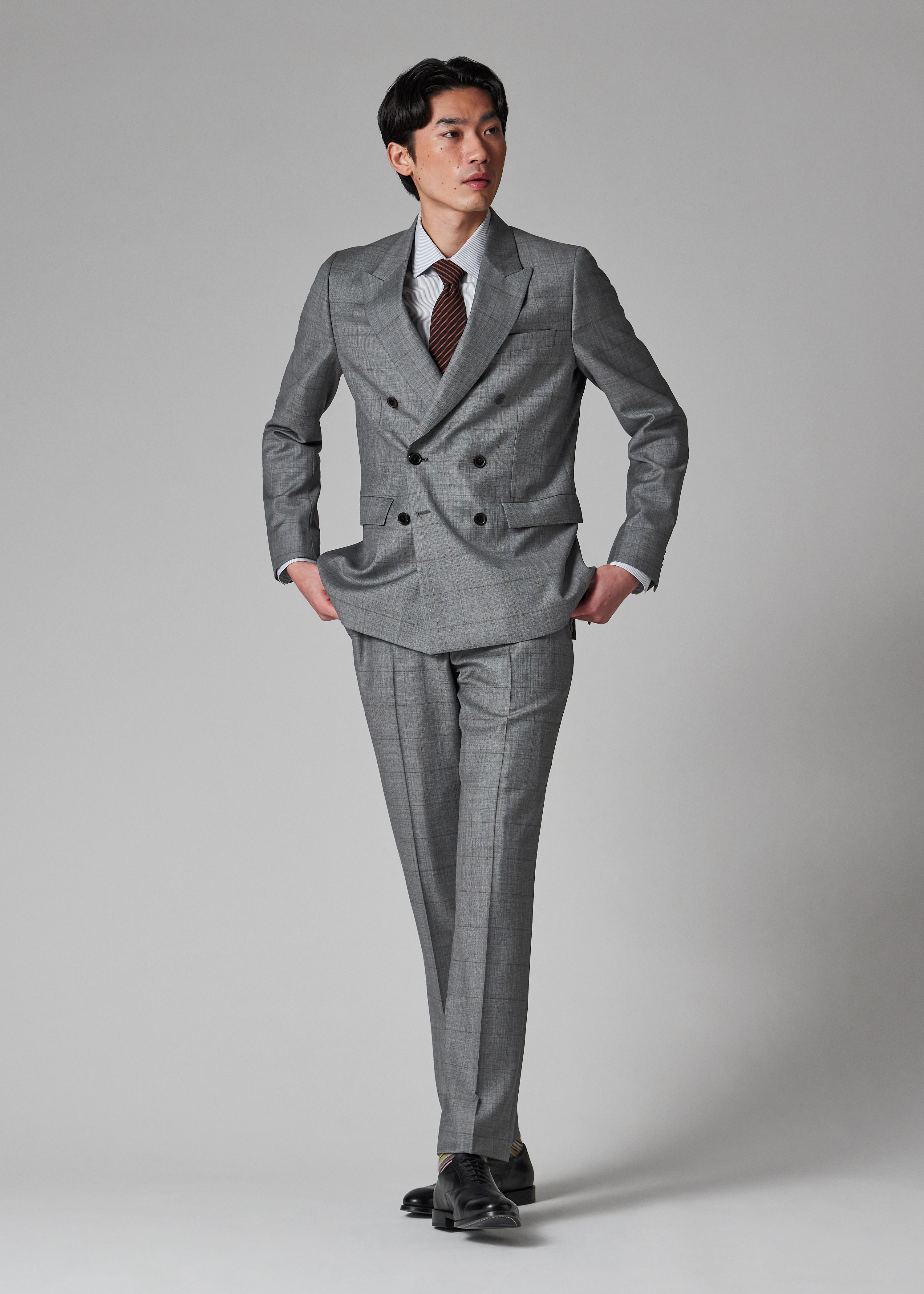 Grey Windowpane Check Wool Double-Breasted Suit - 5