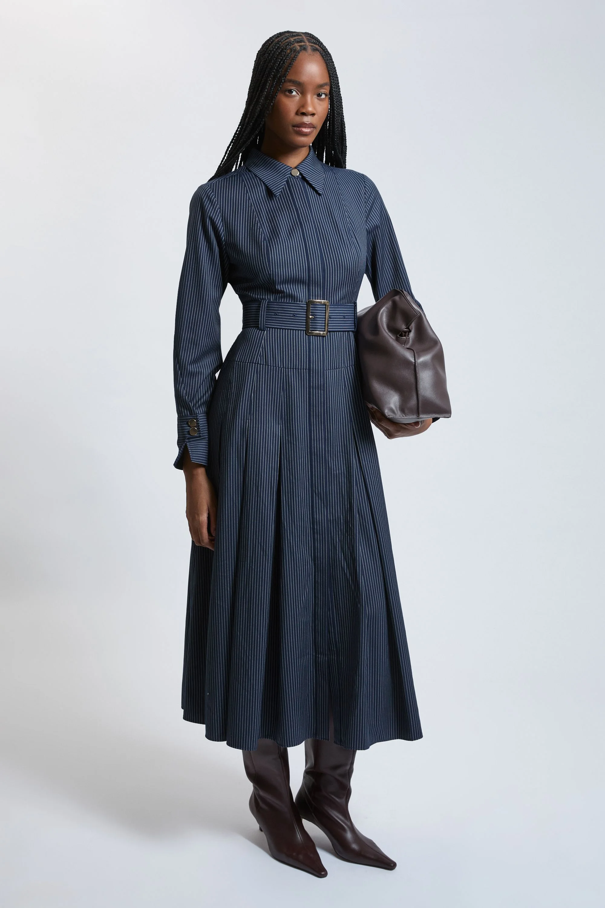 Pinstripe Belted Tailored Shirt Dress - 1
