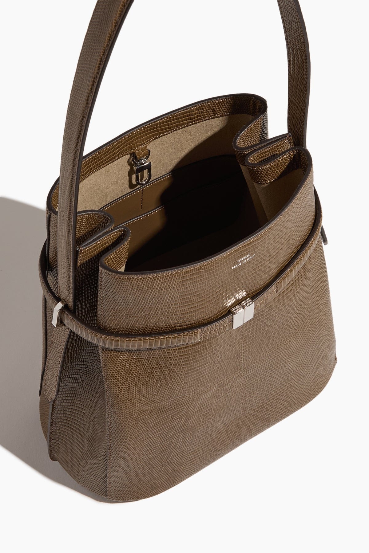Belted Lizard-Embossed Bucket Bag in Dark Olive - 3