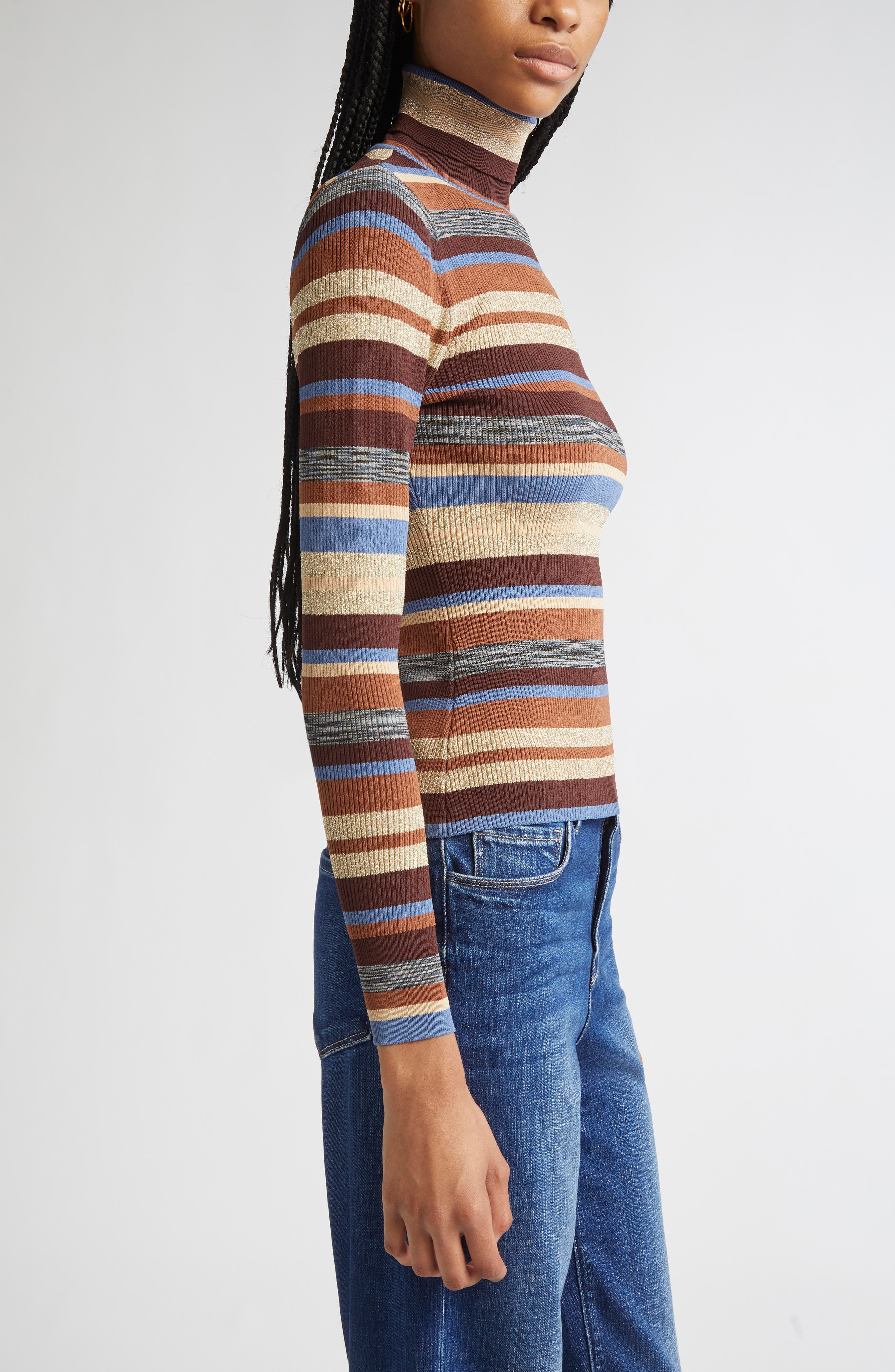 L'AGENCE Olene Stripe Turtleneck Sweater in Stone Blue/Brown Multi at Nordstrom - 3