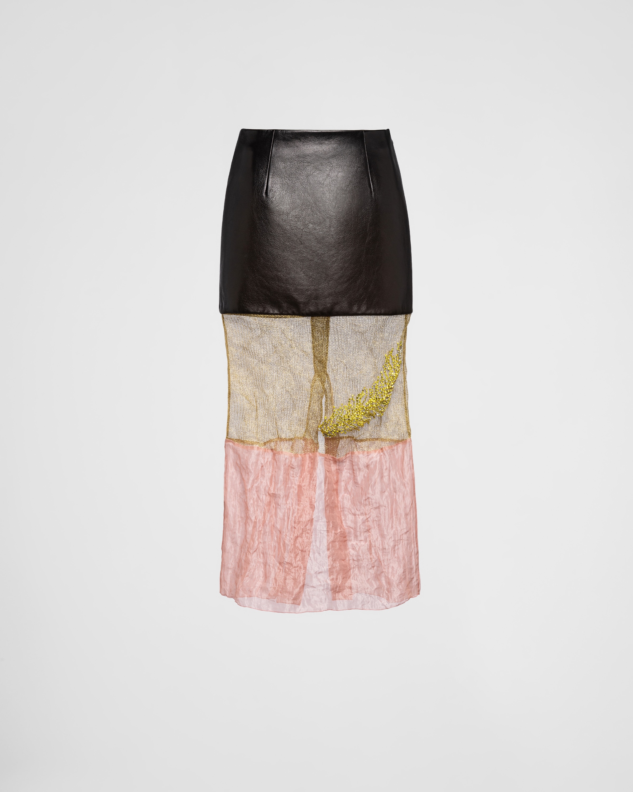 Embroidered mesh and leather midi-skirt - 1