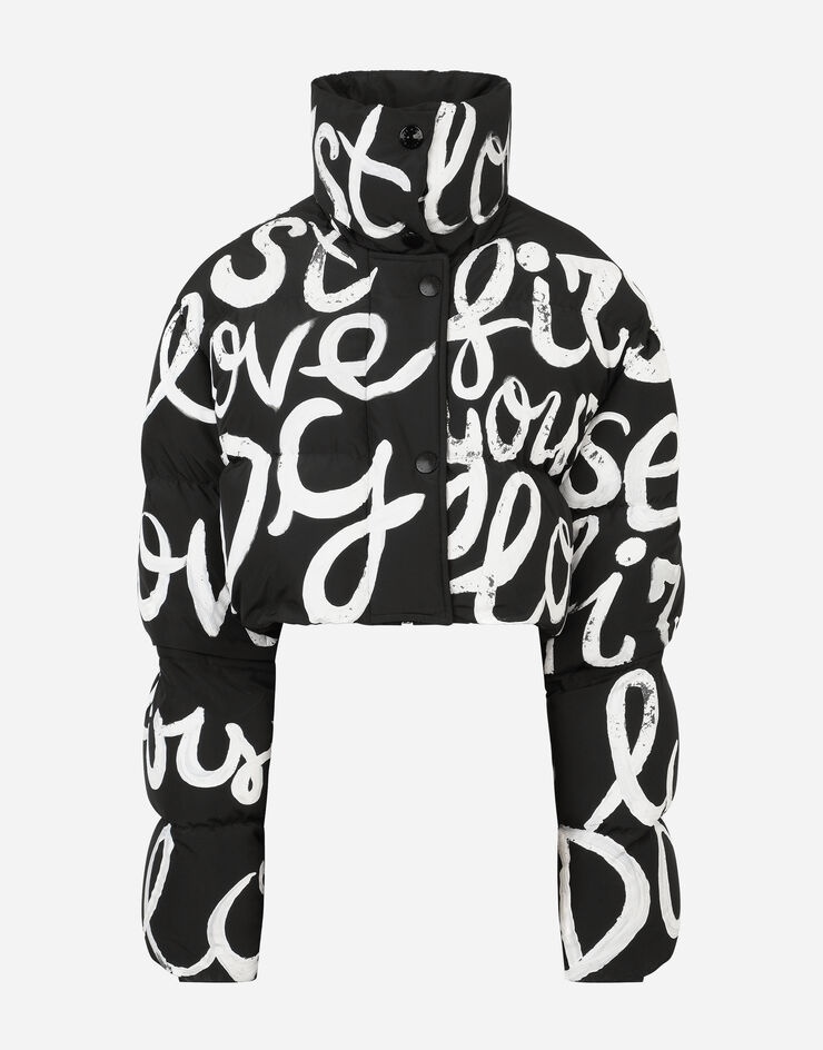 Short nylon down jacket with DG love yourself print - 3