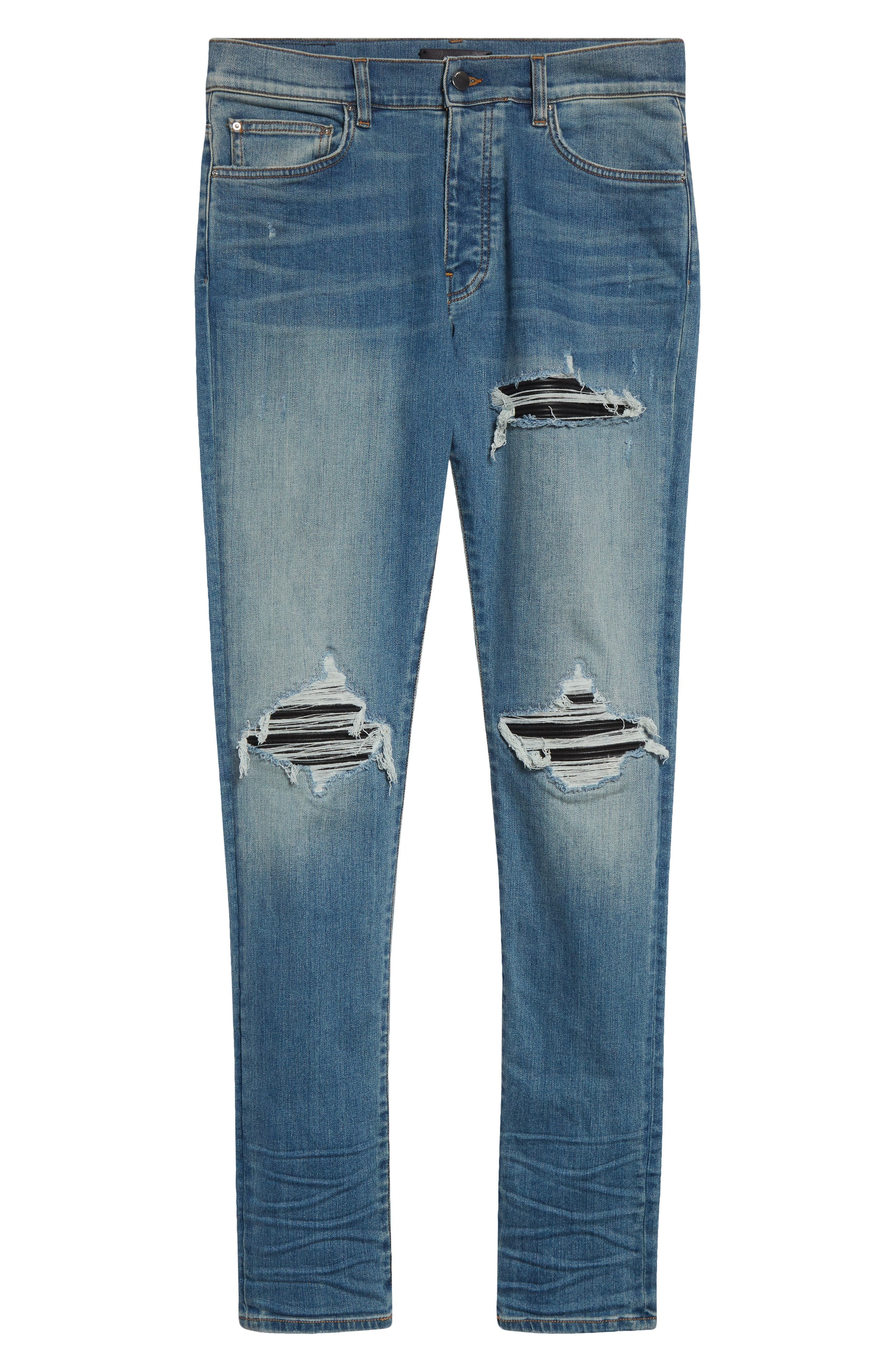AMIRI MX1 Leather Patch Ripped Skinny Jeans in Dark Indigo at Nordstrom - 6