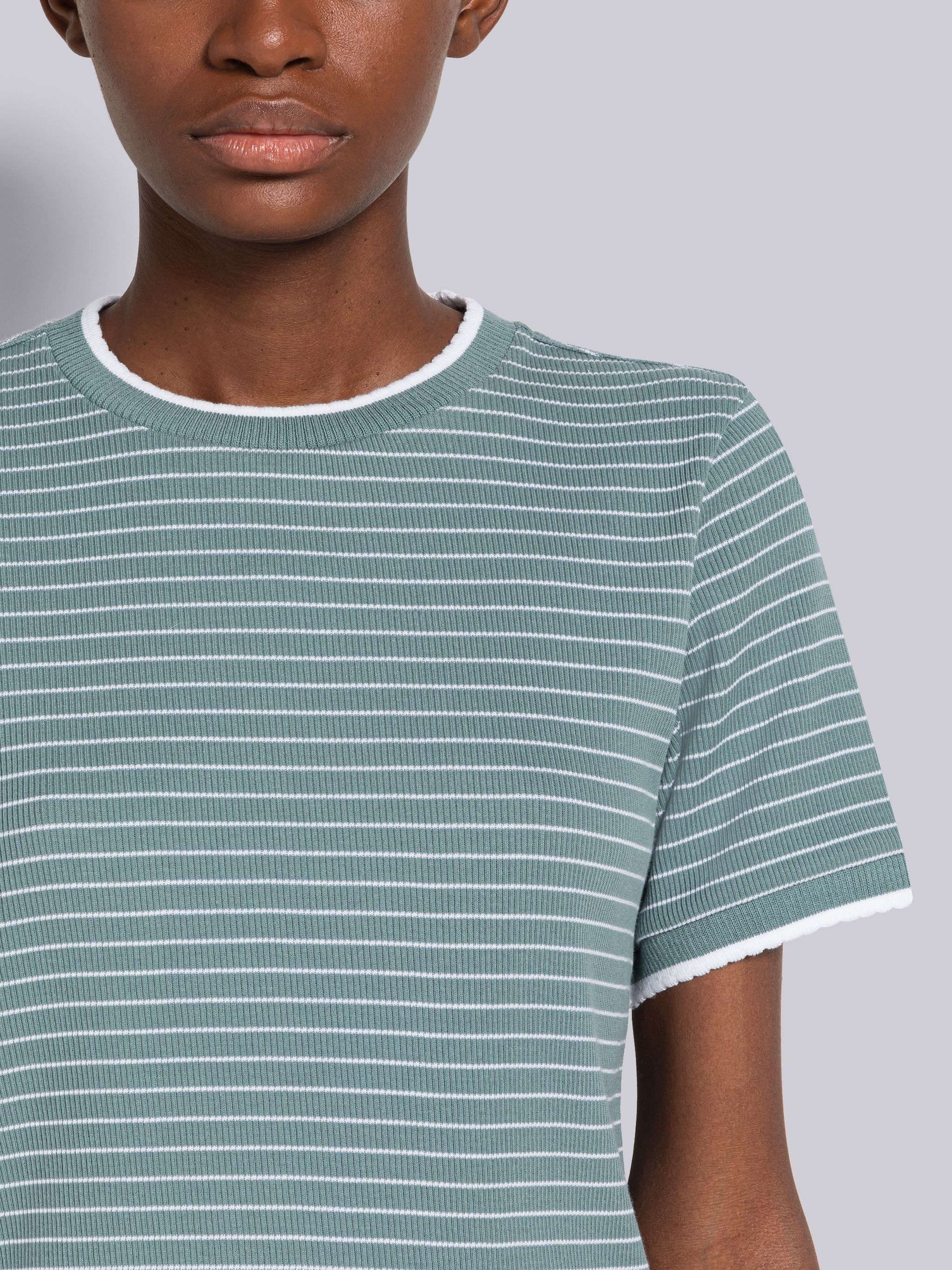 Pinstripe Rib Scalloped Short Sleeve Tee - 5