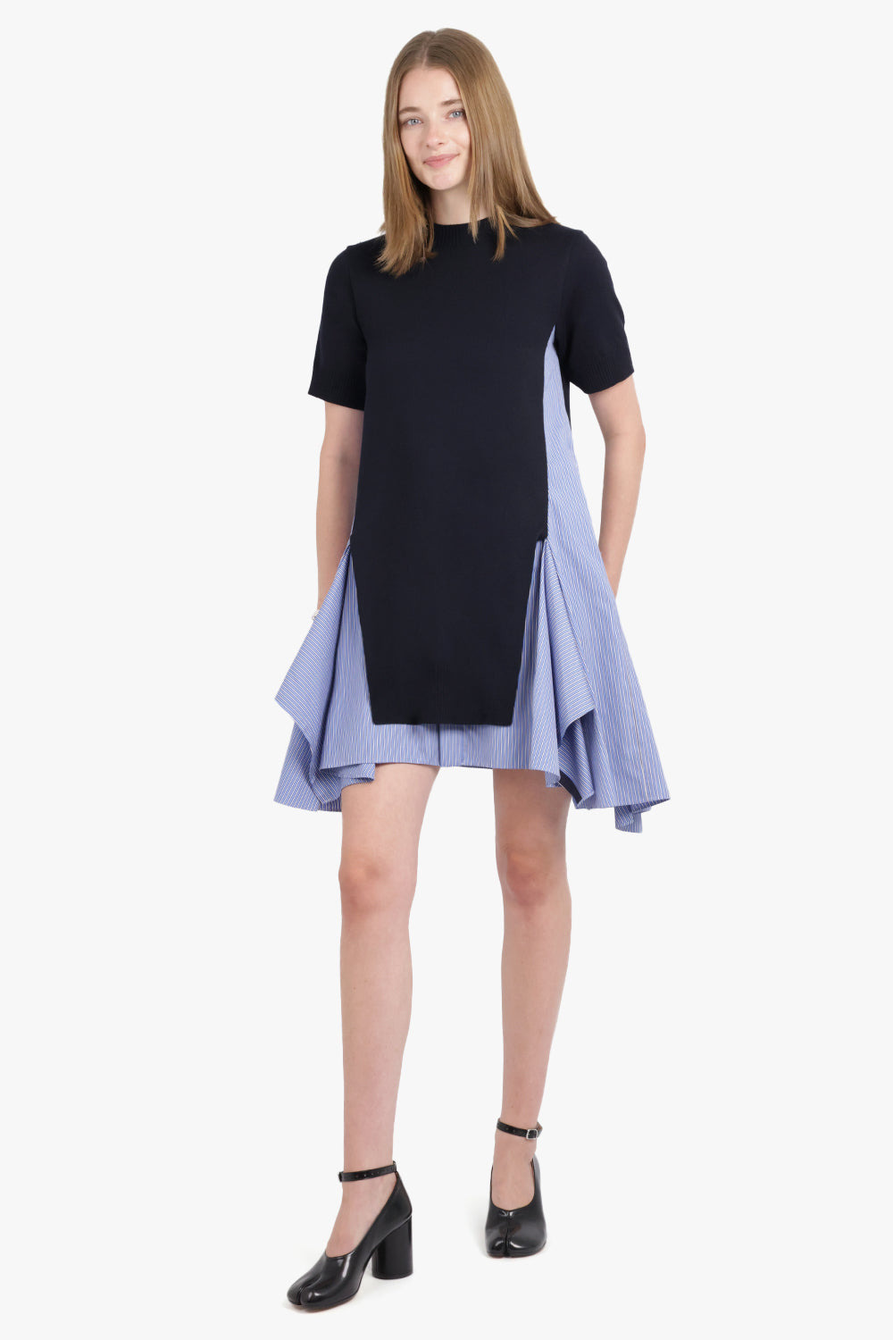 S/S KNIT X STRIPE SHIRT STYLE MIDI DRESS | NAVY/BLUE - 2