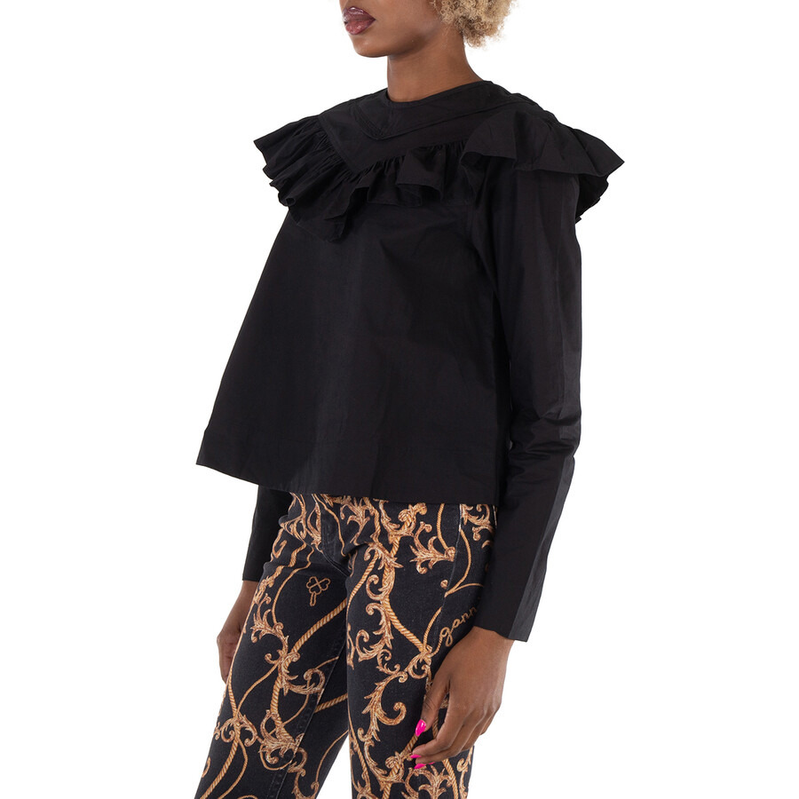 Ganni Cotton Poplin Frill Blouse In Black - 3