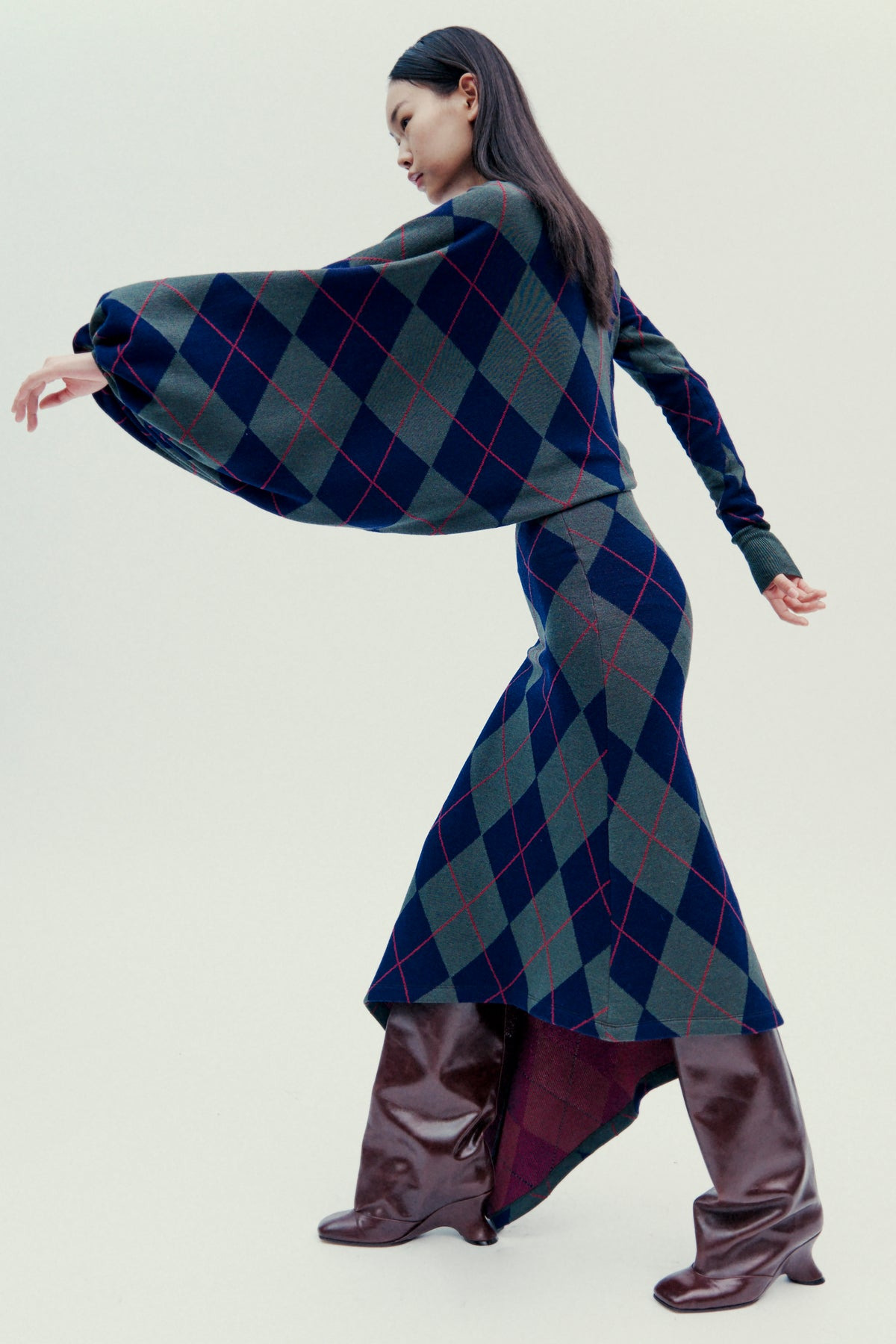 ARGYLE KNITTED DRESS NAVY GREEN - 2